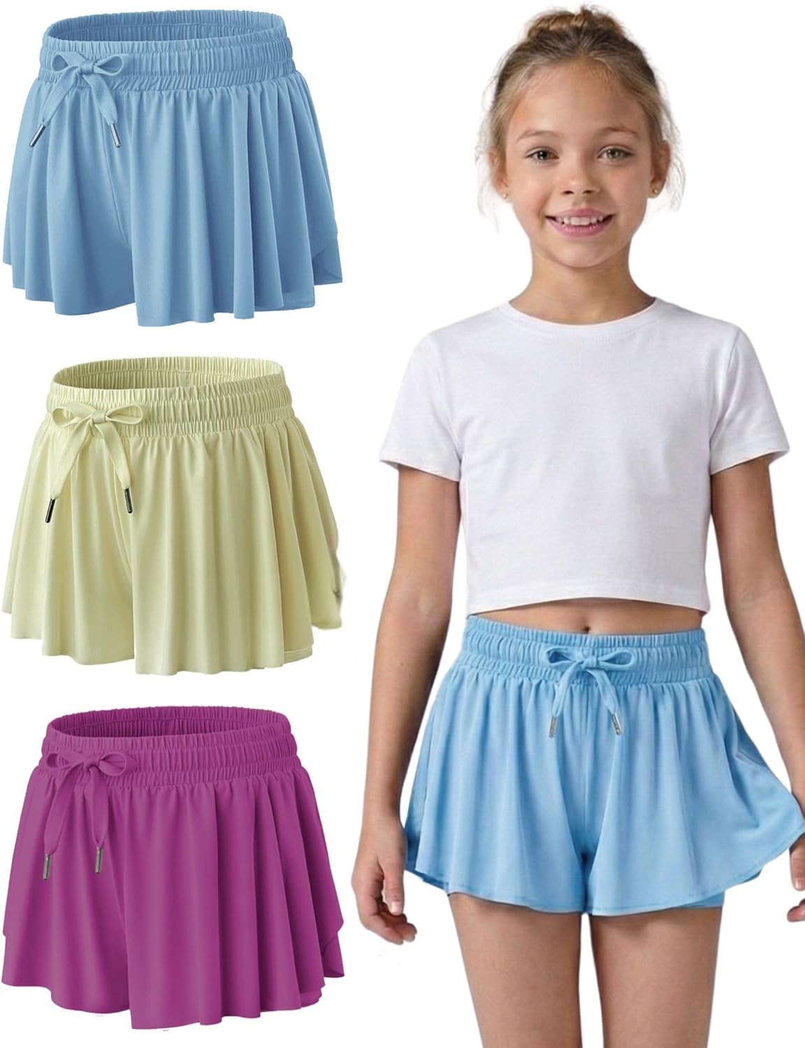 3 Pack Girls Flowy Shorts with Spandex Liner 2-in-1 Youth Butterfly Skirts for Fitness, Running, Sports