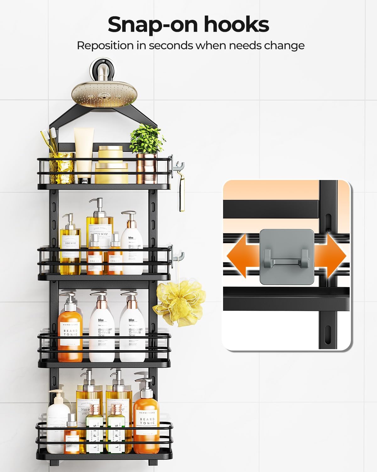 ODesign 4 Tier Height-Adjustable Shower Caddy Hanging Anti-Swing-Over The Shower Head Caddy-Sho wer Storage Organizer Bathroom Shelves Basket Caddies-Black