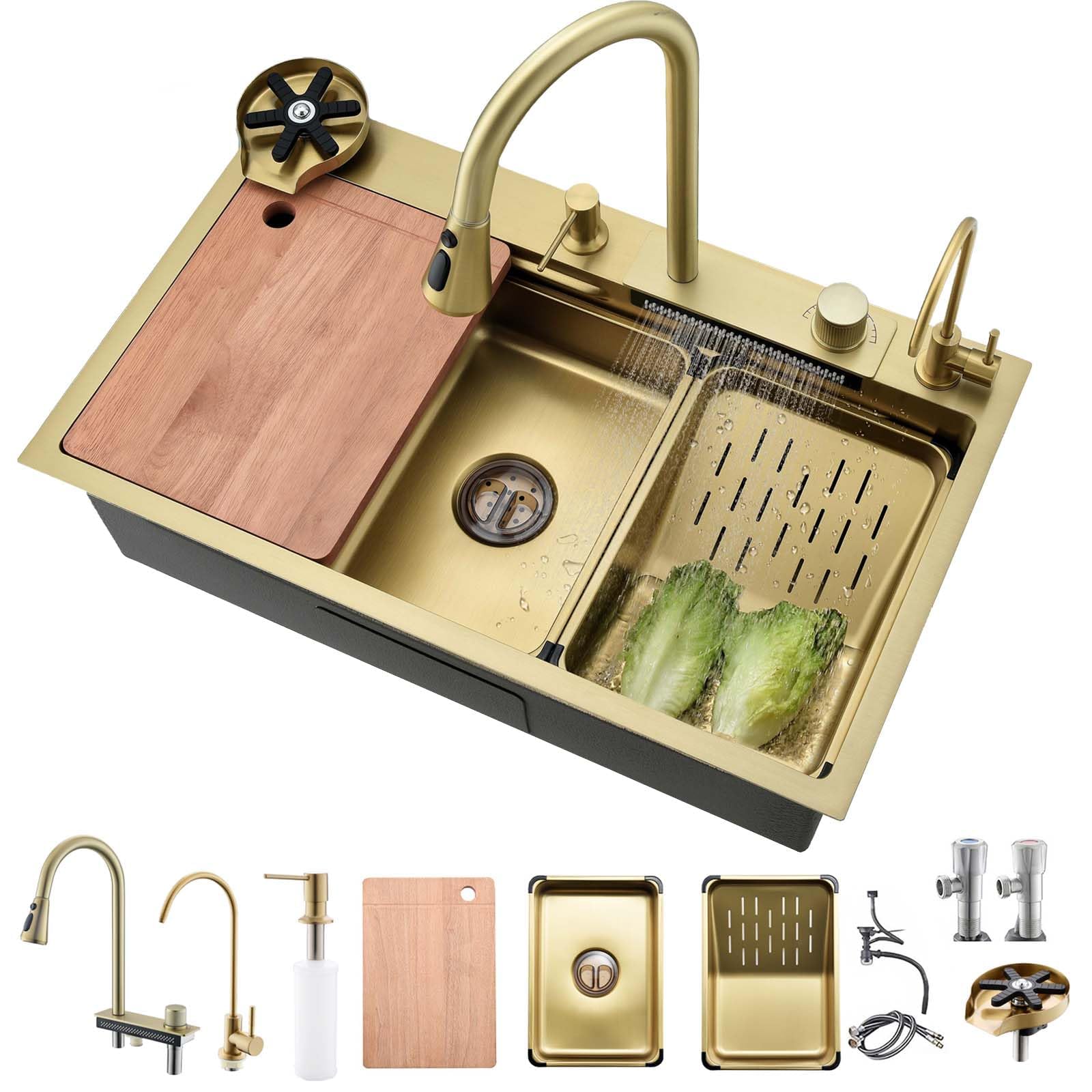 Évier de cuisine en acier inoxydable or avec robinet cascade luxe 80x45 cm