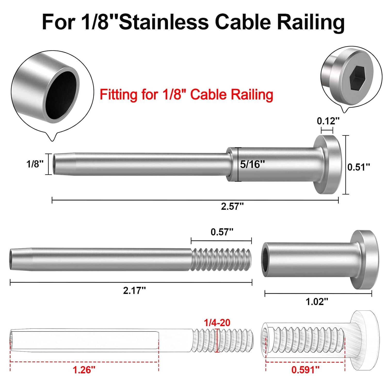 BLIKA 60 Pack Invisible Cable Railing Kits, T316 Stainless Steel 1/8" Invisible Receiver and Swage Stud End for Cable Railing, Swage Tensioner 1/8" for Wood/Metal Post, Cable Railing Hardware