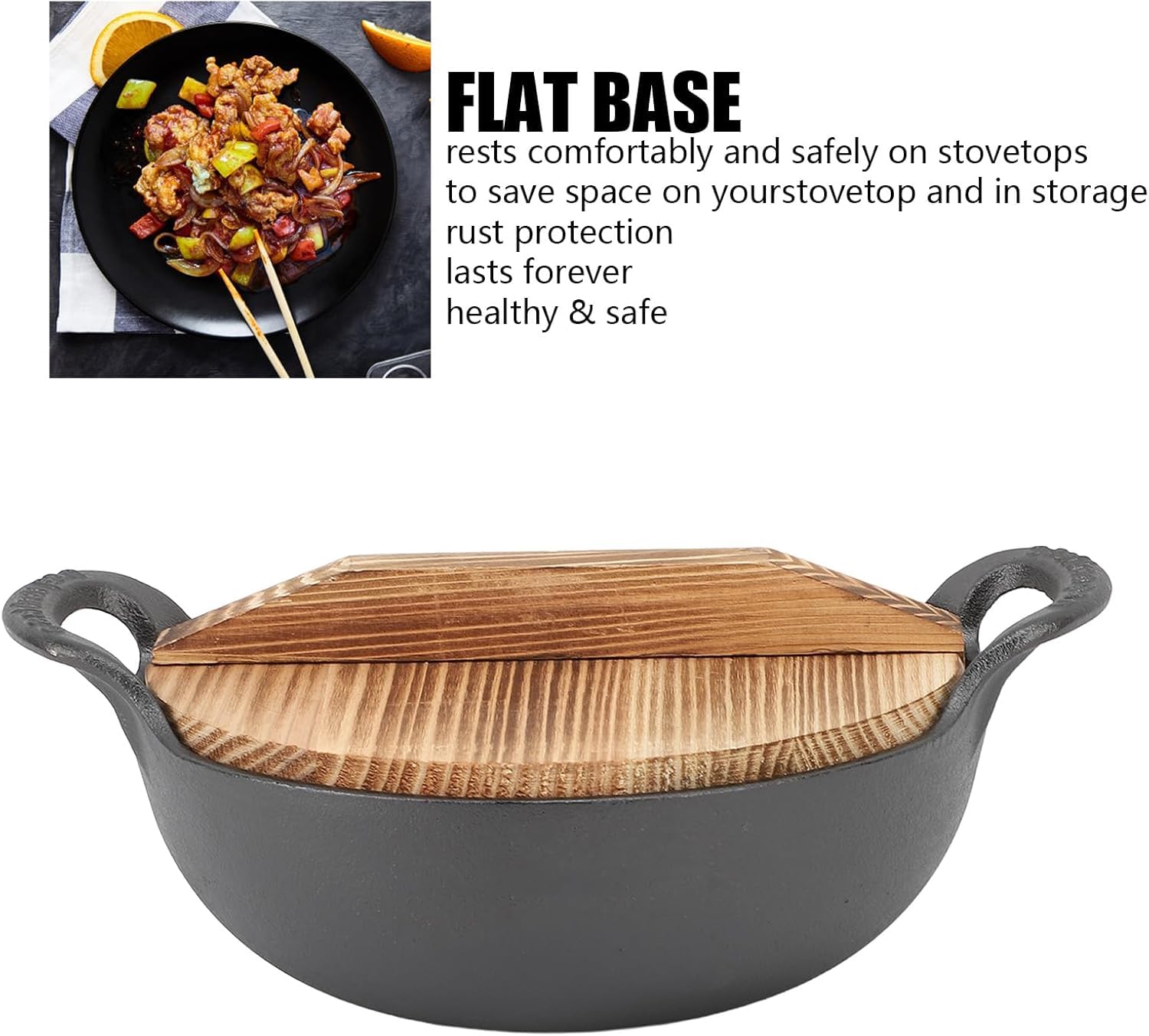 TeamSky Wok Wok wok antiadherente de hierro fundido con tapa, sartén con parte inferior plana, utensilios de cocina tradicionales pequeños y resistentes sin revestimiento con asas integrales dobles