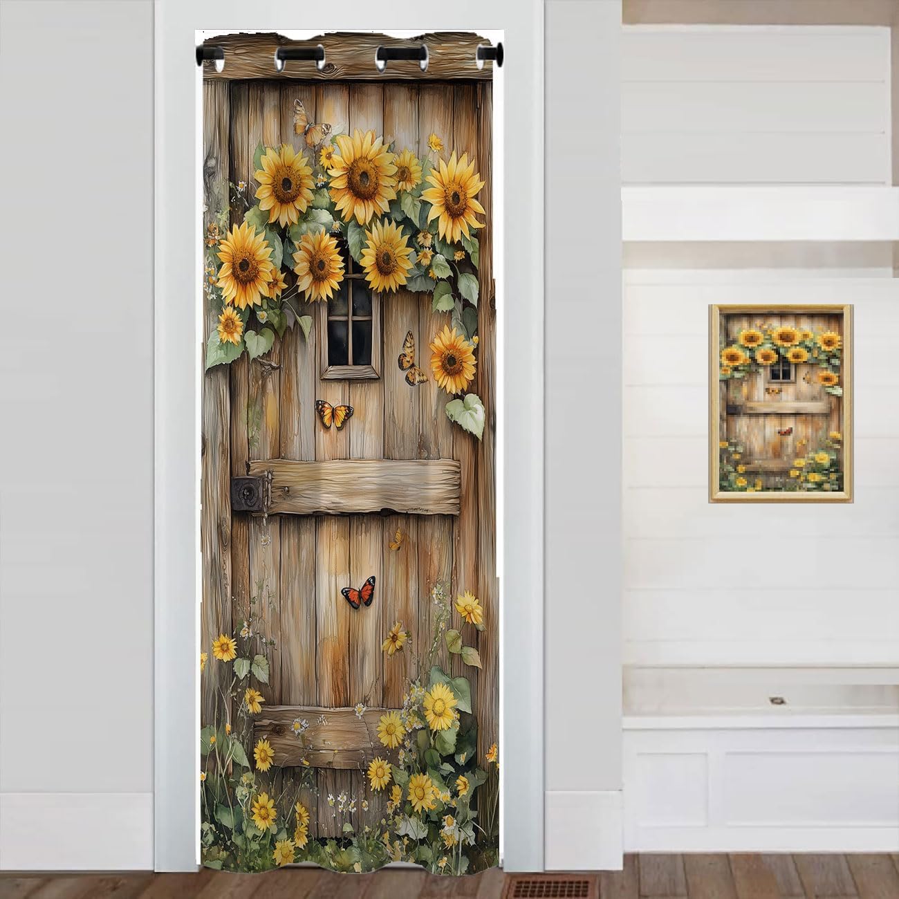 Wooden Barn Door Door Curtain for Doorway Rustic Sunflower Butterfly Farmhouse Room Darkening Blackout Curtain for Kids Boys Girls Teens Bedroom Living Room, 1 Panel 34" W X 80" L