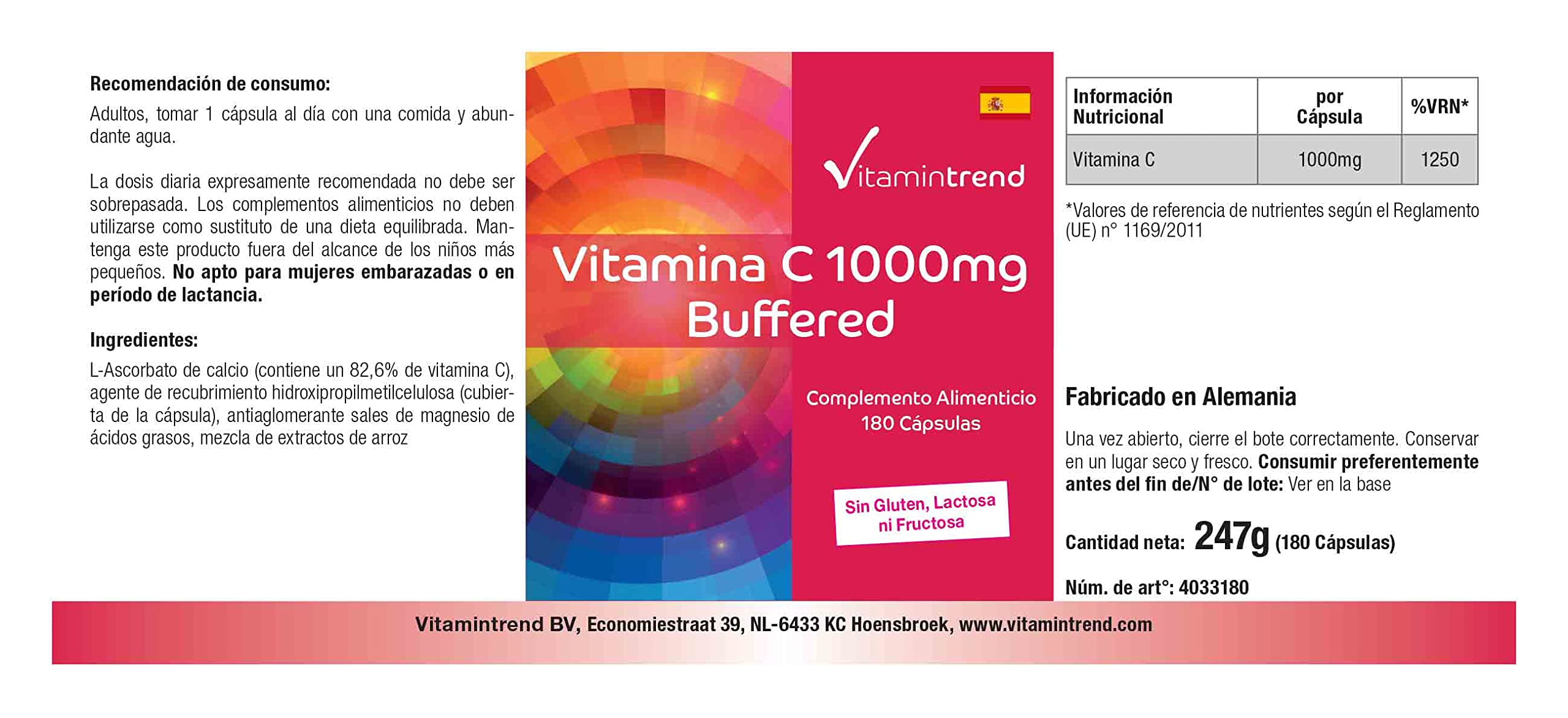 Vitamintrend Vitamin C gepuffert 1000mg, 180 Kapseln, magenschonend, Nahrungsergänzungsmittel vegan ohne Magnesiumstearat, in Deutschland hergestellt (Packung mit 2)