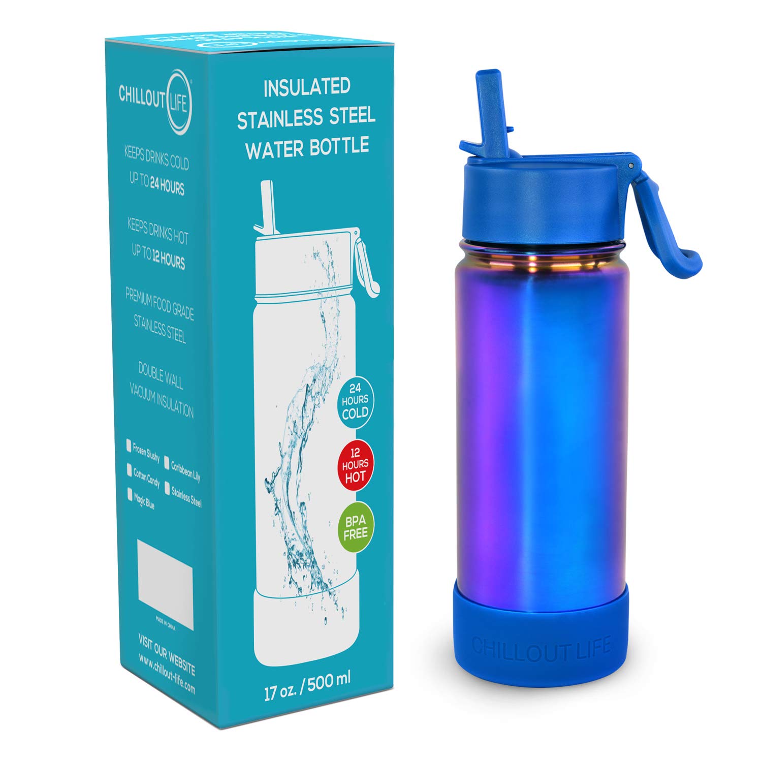 CHILLOUT LIFE Isolierte Kinder-Wasserflasche für die Schule, mit Strohhalm-Deckel, auslaufsicher und niedlich, wasserfest, personalisierbar, Edelstahl-Thermosflasche, Metall-Wasserflasche,