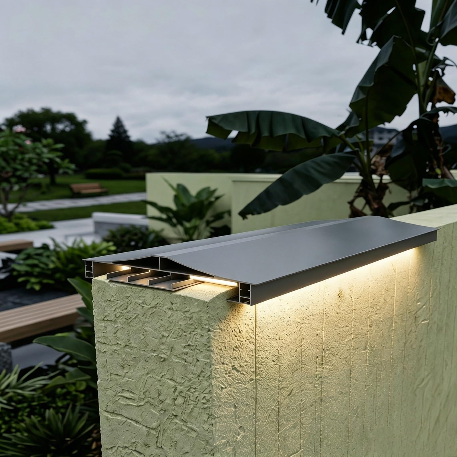 Decorativo Cubremuros de Doble Pendiente para Parapeto con Goterón | Tapa de Remate de Muro de Aluminio, Albardilla Recortable Placa de Cobertura con Ranura LED(L 98.4",W 8 5/8")