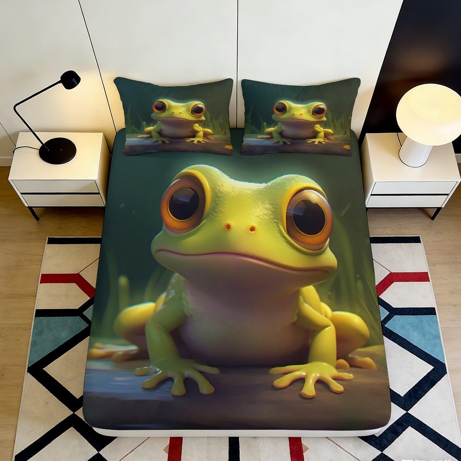 3D Printed Cute Frog Fitted Sheet Microfiber Non-Slip Deep Pocket Frog Mattress Fitted Cover Washable Full Wrap Bedding 200x200x25cm