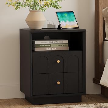 FORTUNETEC 17.7" Nightstand with Charging Station, Arched Design, Black | Modern Bedside Table with 2-Drawer, Minimalist End Table for Bedroom Living Room Sofa Office