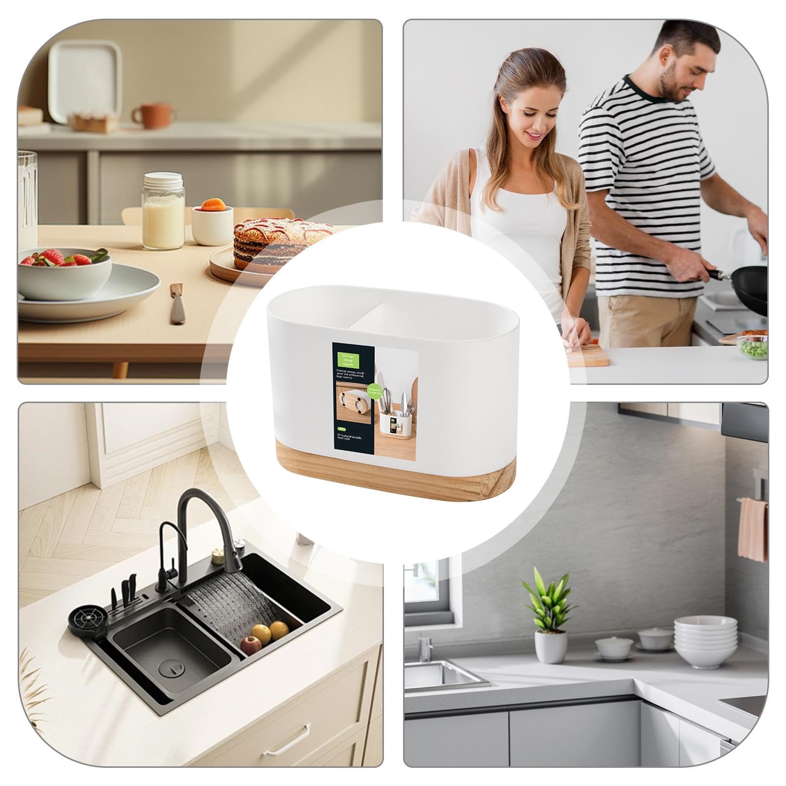 Support De Baguettes, Joli Support De Rangement Pour Baguettes Avec Couvercle, égouttoir à Ustensiles En Plastique Réutilisable Avec Base Amovible Pour La Cuisine (beige