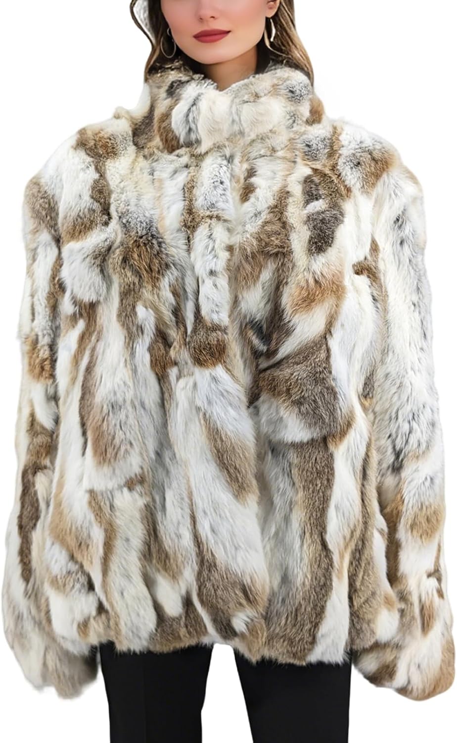 LVCOMEFF Women Real Rabbit Fur Coat Furry High Collar Natural Brown Color Winter Warm