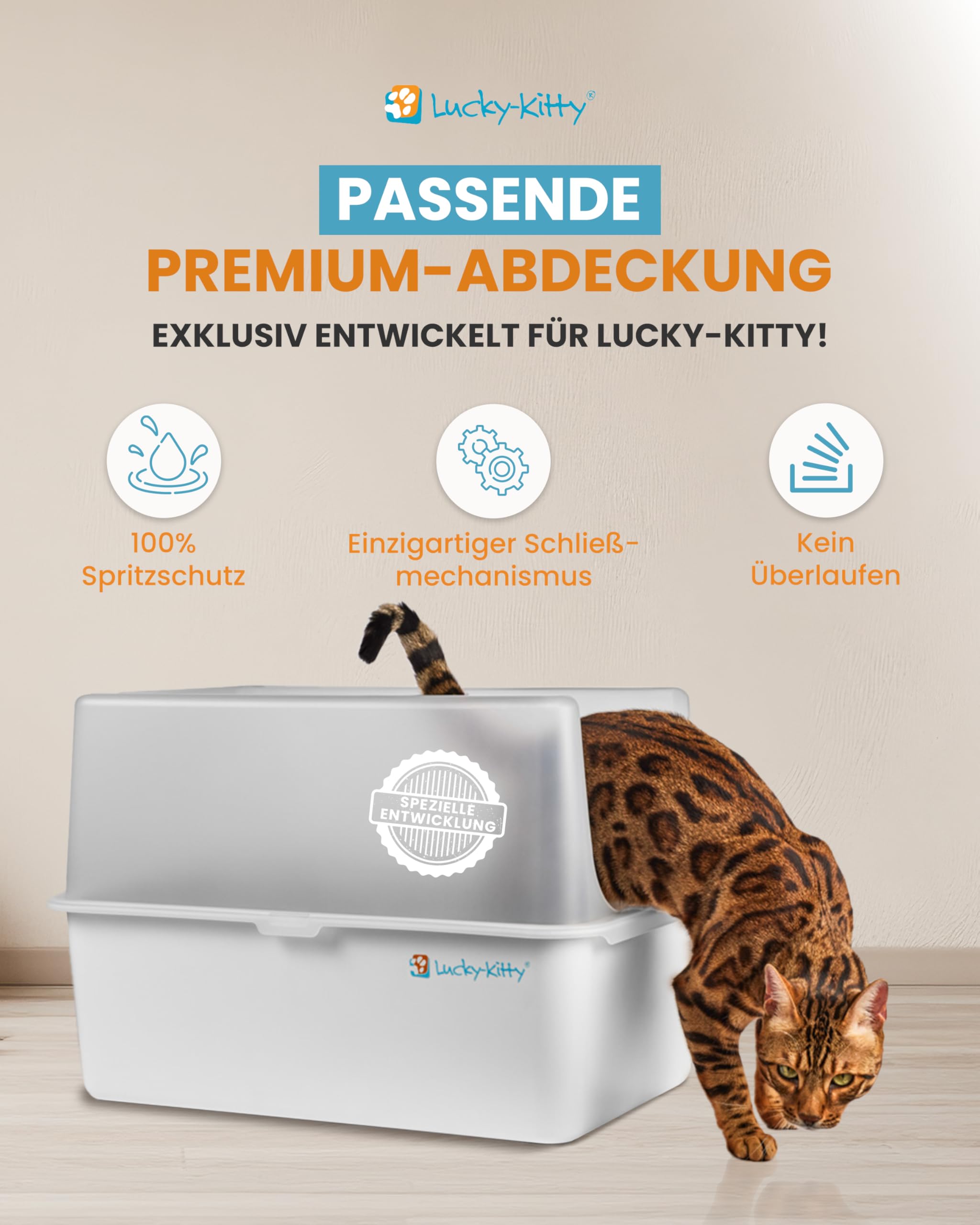 Lucky-Kitty Katzenklo Edelstahl XXL mit Deckel, Weiss, 60x40x40 cm | Mit Deckel, Exklusiver Schließmechanismus, Absolut auslaufsicher, Geruchsfrei & Hygienisch