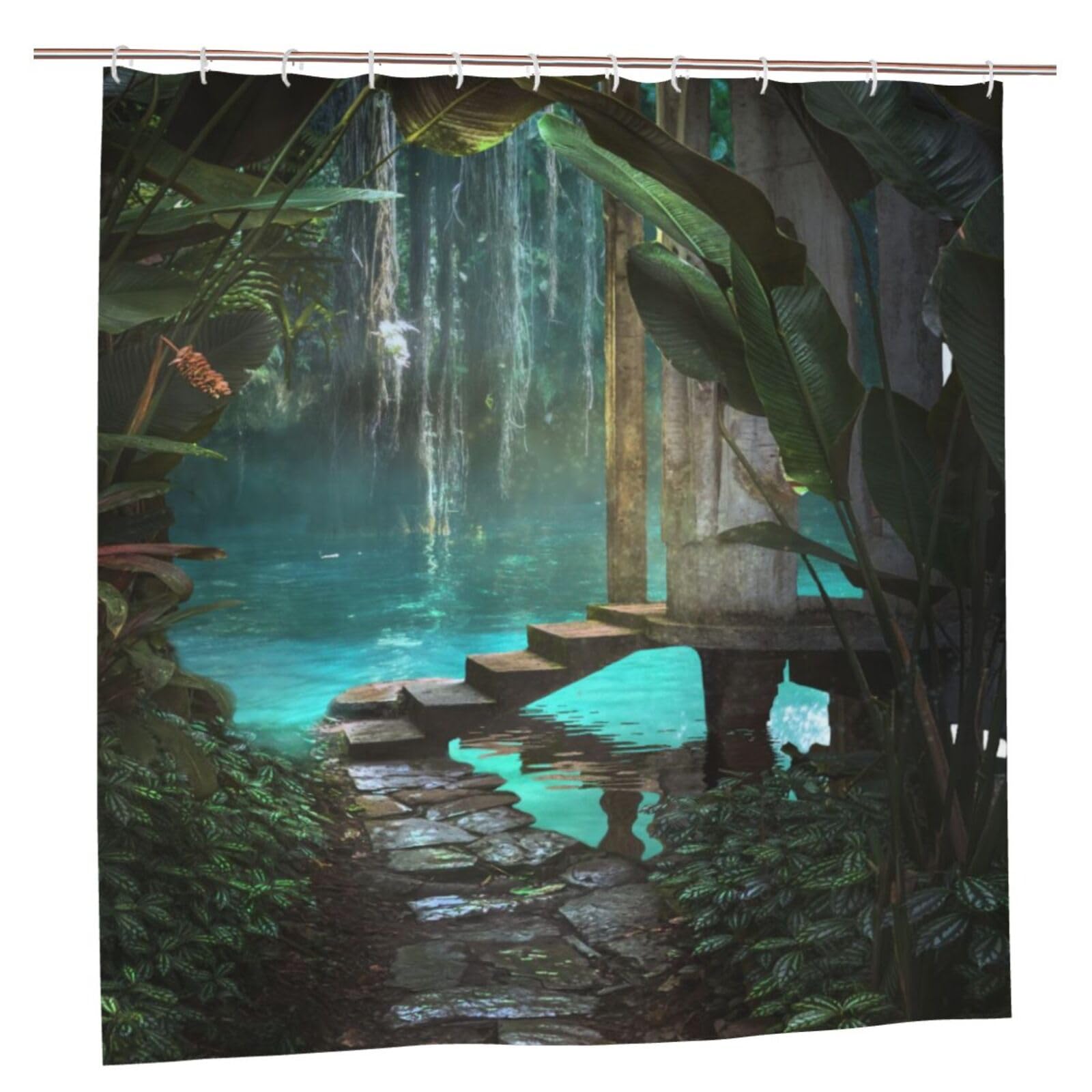 Oudrspo Polyester Fabric Shower Curtain - 70x70 Inch with Metal Grommets, Artistic Privacy Design, Jungle PathBackground