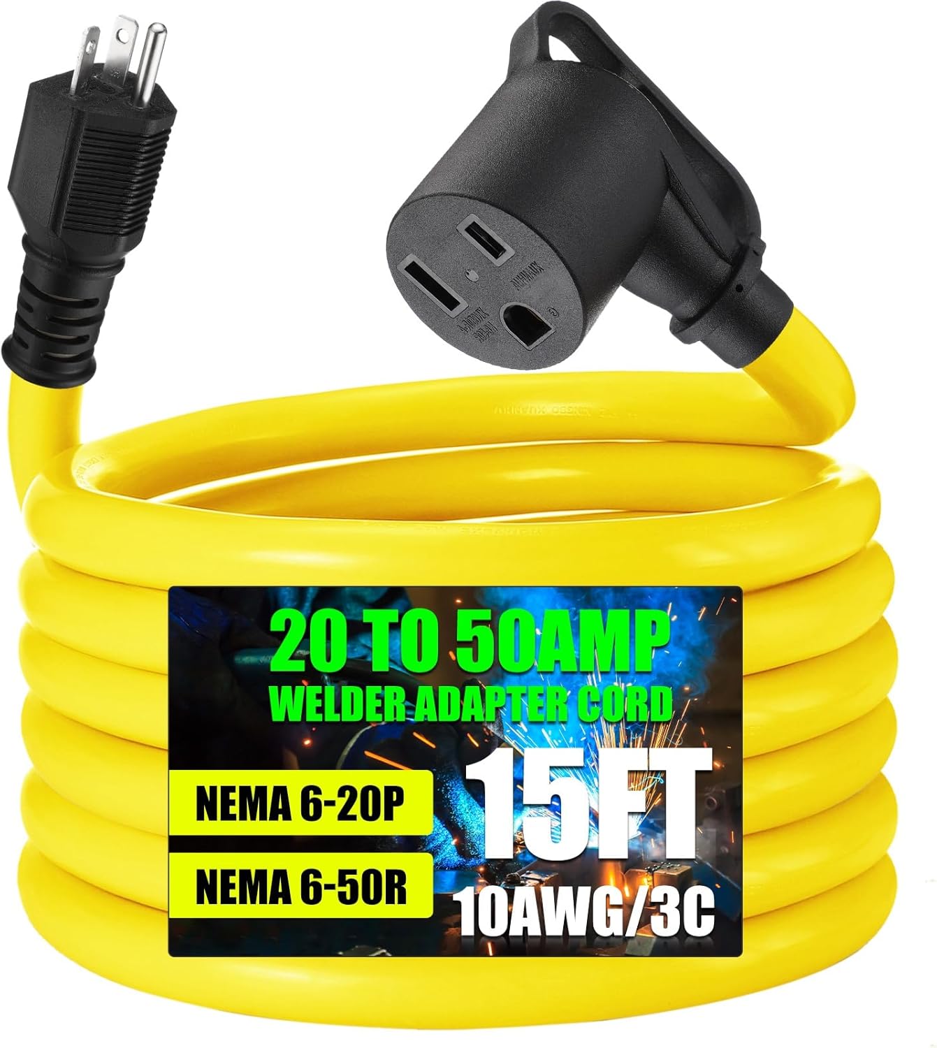 15FT 20Amp to 50Amp Welder Adapter Cord Compatible with NEMA 6-20P to 6-50R 3 Prong 20Amp Household Regular to Welder Power Adapter for Welding Machine with Handle, STW 10 AWG, ETL Listed