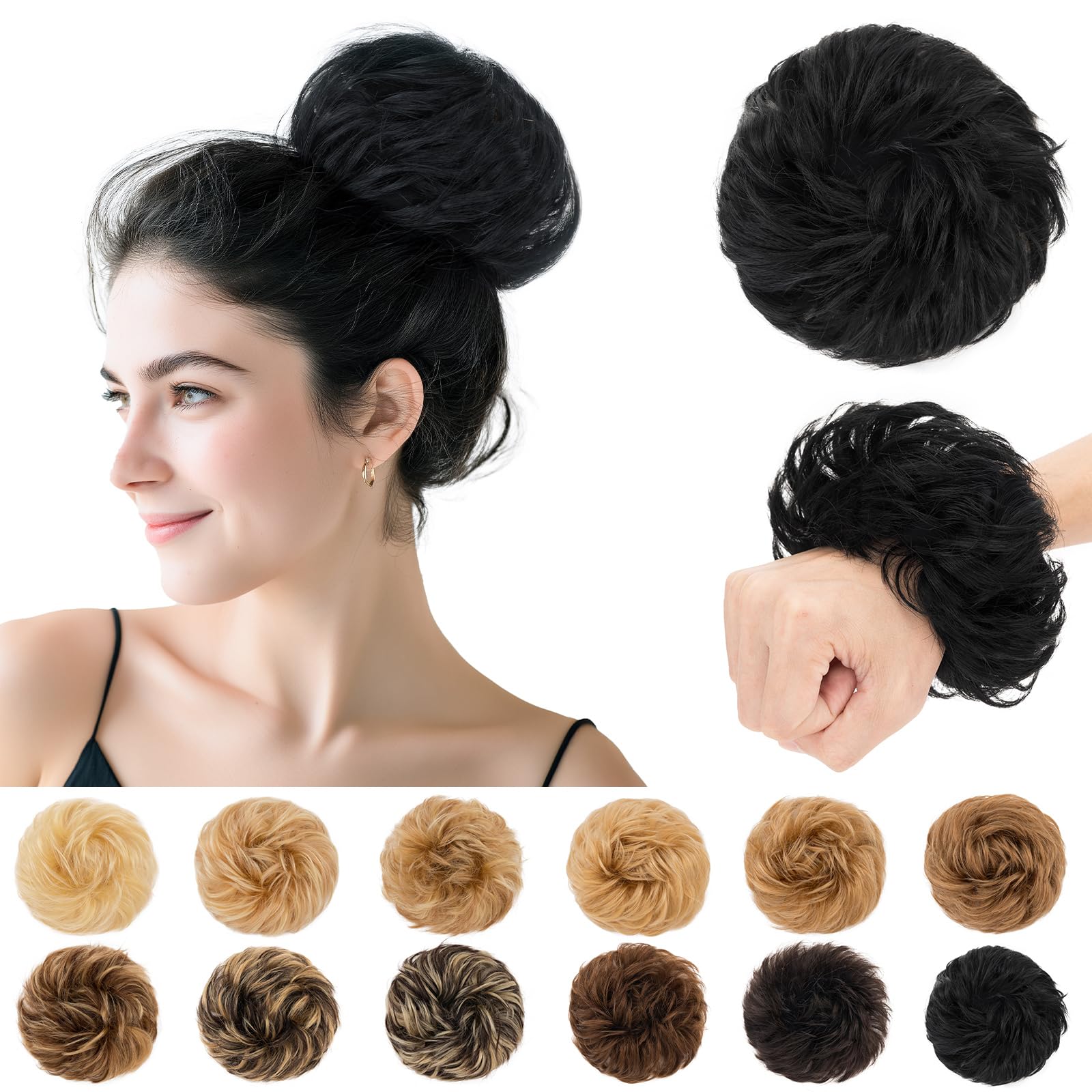 SEGO Pro Messy Hair Bun Scrunchies Real Human Hair Piece for Women 30g, 1# Jet Black, 1 Count