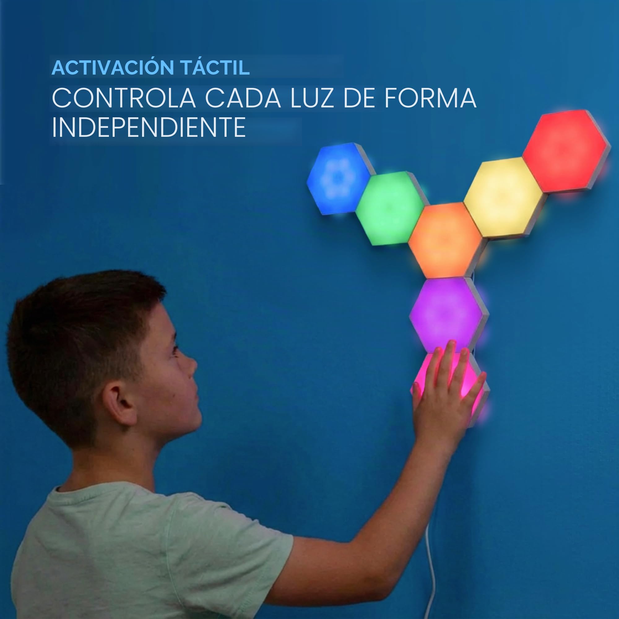 Emberela HEXlights - Luces sensoriales para niños, 7 unidades hexagonales táctiles, control remoto, paneles LED de pared, soporte de mesa incluido