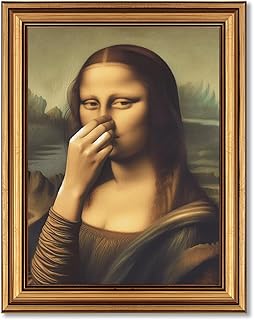 Qenundme Vintage Gold Framed Funny Mona Lisa Bathroom Canvas Wall Art Pinching Nose Wall Decor Classical Picture Humor Amusing Toilet Art Whimsical Poster Print for Bathroom Home Decoration 9x11in