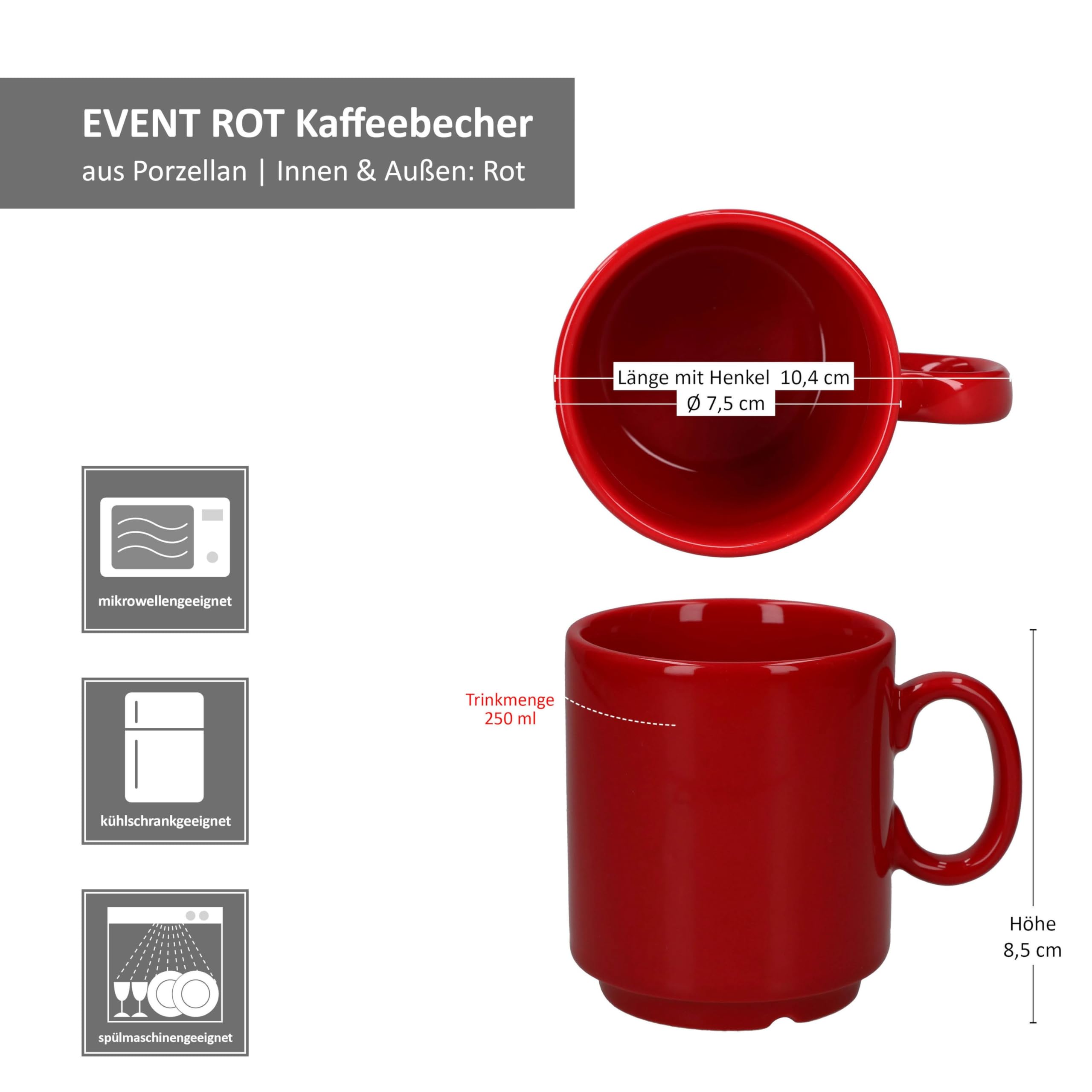 MamboCat Event 120er Set Kaffeebecher I 250 ml I rote Porzellan-Becher mit Henkel 120 Personen I stapelbare Tassen für Heißgetränke wie Tee, Kakao, Latte Macchiato&Co I schickes Kaffee-Geschirr