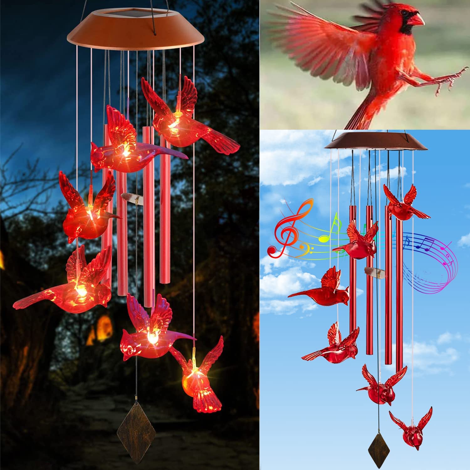 Solar LED Wind Chime, Red Spiral, 5 x 3.5 x 32 inches, Bird, Stars, Durable, Led Light, Wind Chime