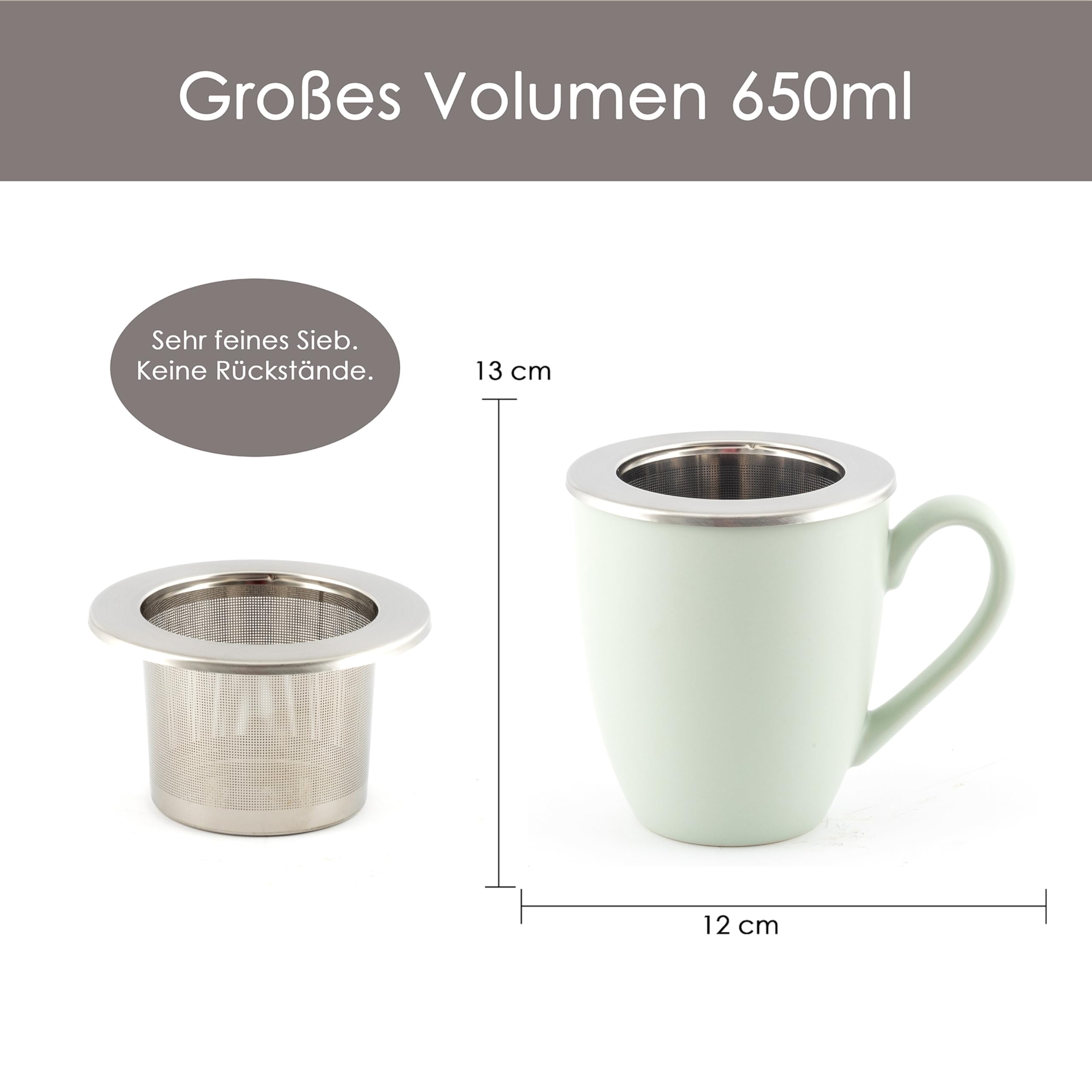 Hanseküche Tazza da tè con coperchio e colino, XXL, 600 ml, in ceramica, grande, con coperchio, filtro da tè, grande (menta, 600 ml)