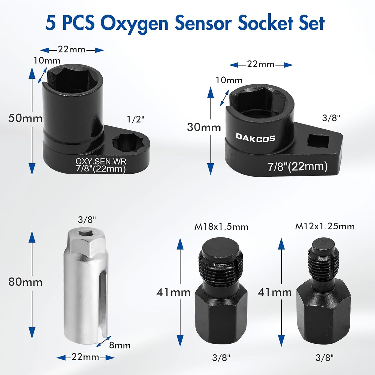 DAKCOS 5pcs Oxygen Sensor Socket Set, 1/2" 3/8" Drive 22mm(7/8") Lambda Sensor Socket with Side Wire Cutout, O2 Sensor Removal Tool M12 M18 Oxygen Sensor Thread Chasers