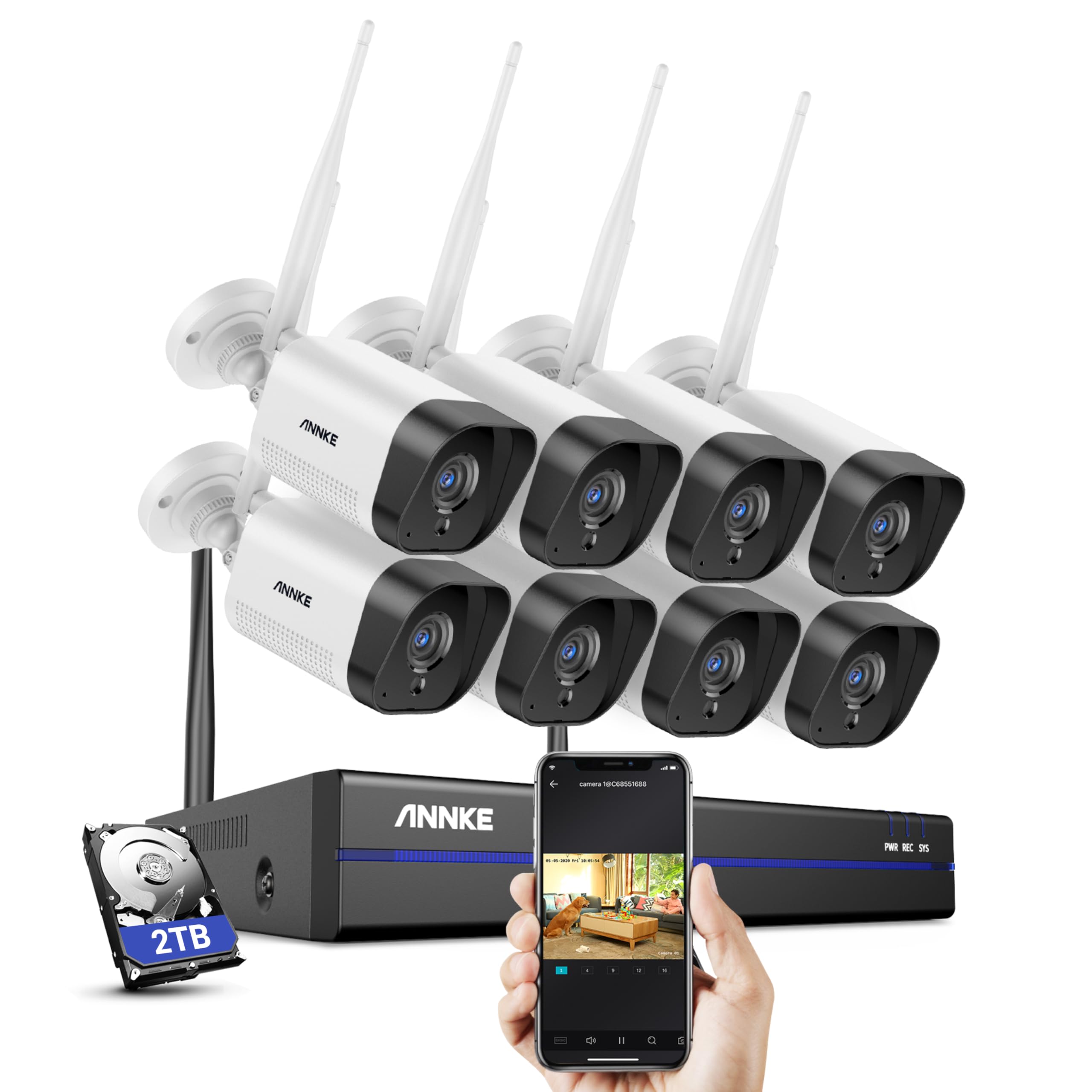 ANNKE Kit Videosorveglianza WiFi 3MP, 10CH NVR 5MP e 8 Telecamere Wireless, Supporta Visione Notturna IR,Audio bidirezionale, Rilevamento di Persone/Veicoli,Compatibile con Alexa,disco rigido da 2TB