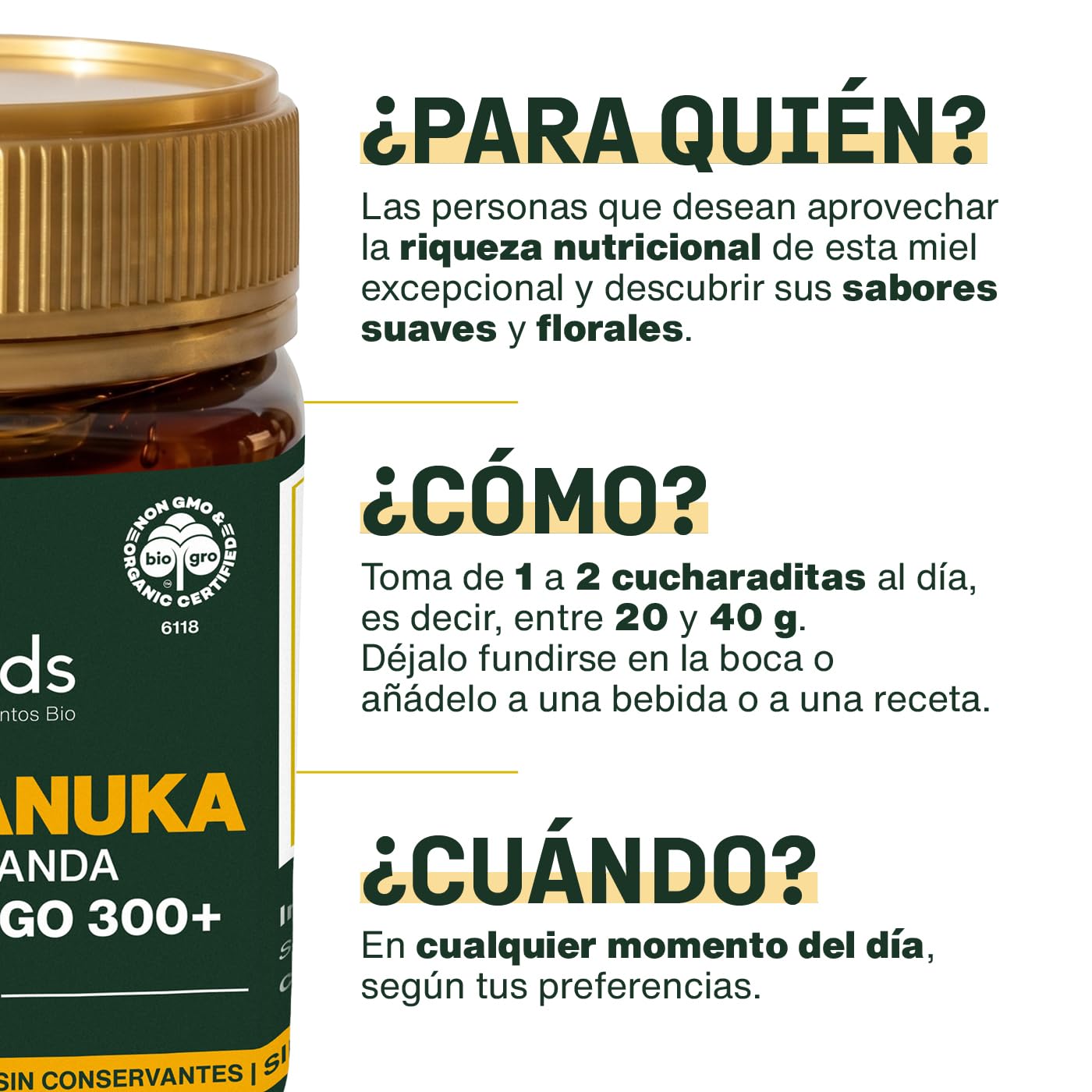 Miel de Manuka BIO 250g | 100% Monofloral, MGO 300+ | Origen Nueva Zelanda | 100% Manuka. Miel cruda y sin pasteurizar. Textura cremosa.