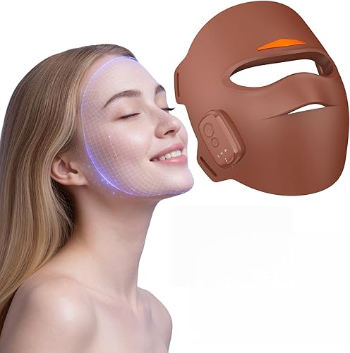 4D Wireless Red Light Therapy Mask for Face, LED Light Therapy Mask with 4 Modes and Timer, True Wireless & Soft Silicone, Portable, Brown