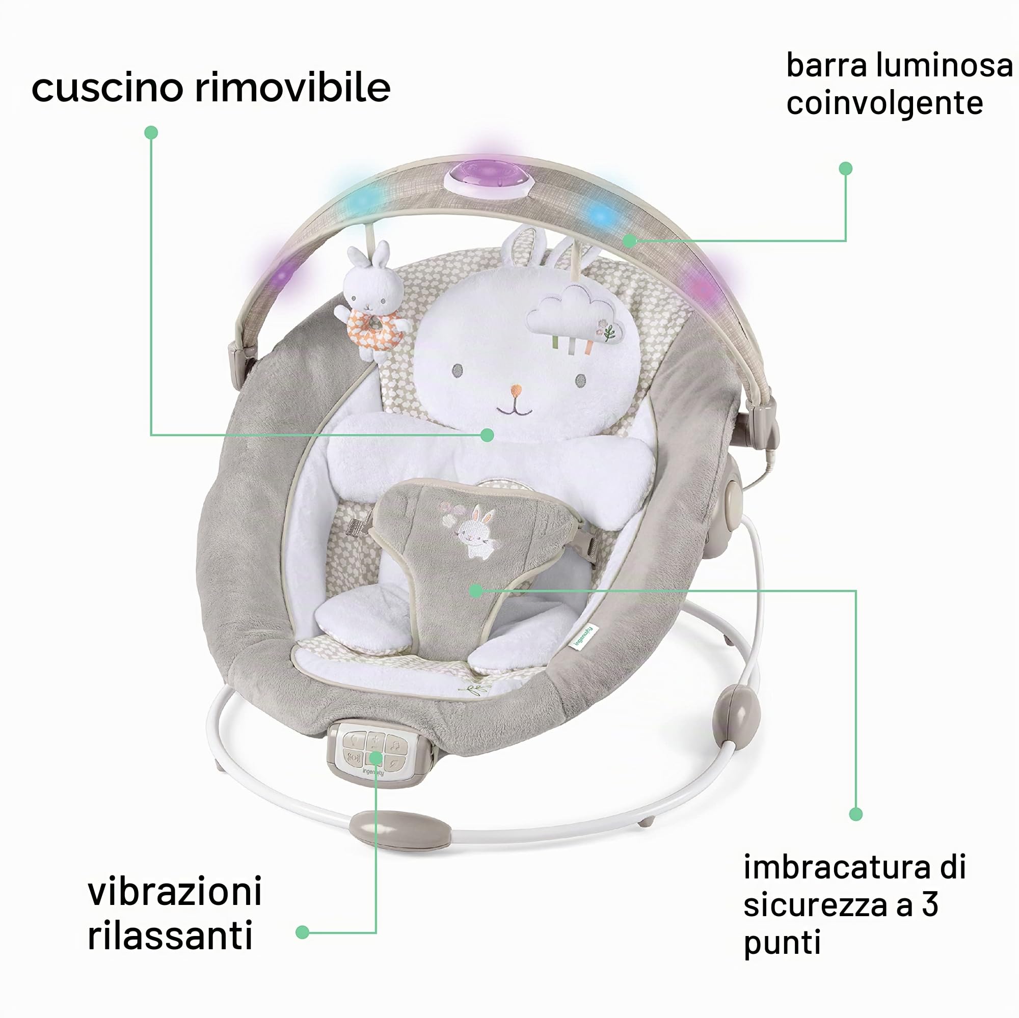 Ingenuity InLighten Seggiolino per neonati con barra luminosa, vibrazioni, cuscino per il tempo libero e suoni, 0-6 mesi (Twinkle Tails Bunny)