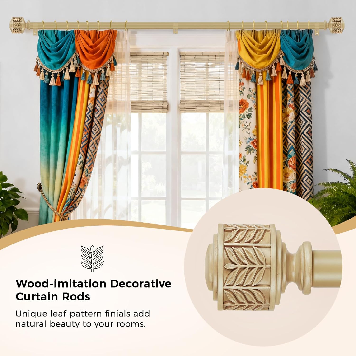 2 Pack Decorative Wood Curtain Rods for Windows 28 to 48, 1 Inch Heavy Duty Boho Curtain Rod Adjustable with Imitation Wooden Grain Leaf Pattern Finials for Farmhouse/Kitchen/Bedroom, 32"-60"