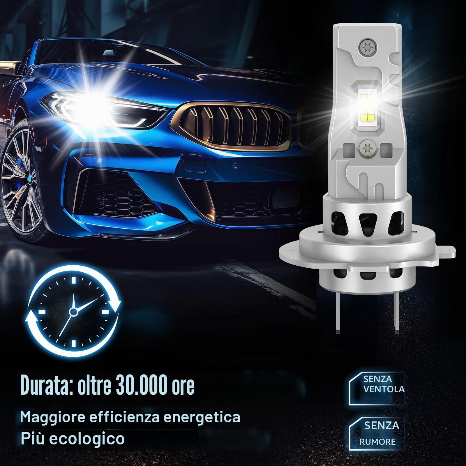 AUXIRACER H7+H1 LED Lampadine, 30000LM 100W 6500K Bianco Freddo, H7+H1 LED 500% Luminosità, Dimensioni Mini 1:1, Plug and Play, 12V Per Fari Auto e Moto, Pacco da 4