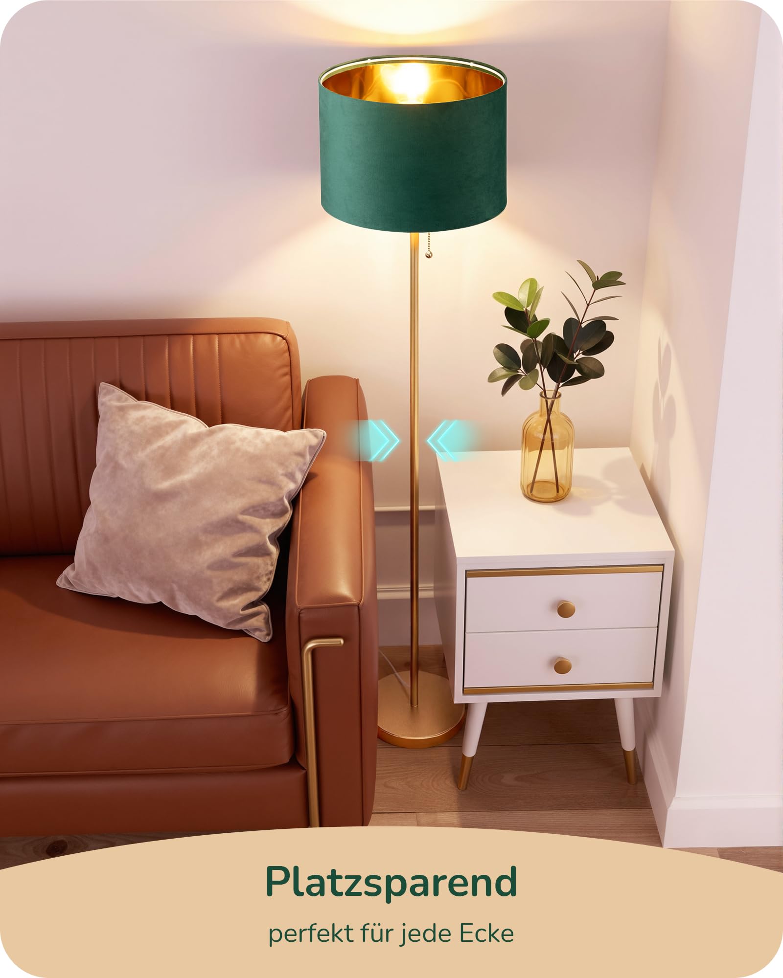 EDISHINE Stehlampe Wohnzimmer, Samt-Lampenschirm, Grün & Gold | Goldfarbenes Metallgestell, Vintage-Leselampe inkl. E27-LED-Leuchtmittel, 2700 K, für Schlafzimmer und Büro