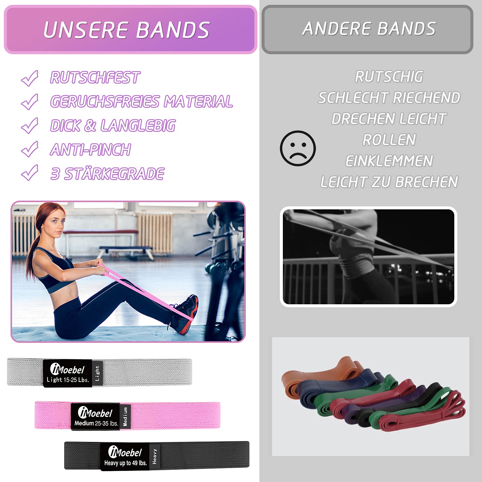 Set Di 3 Fasce Elastiche Lunghe In Tessuto – Livelli Di Resistenza: 15-25 Kg (Grigio), 25-35 Kg (Rosa), 35+ Kg (Nero) – Antiscivolo, Per Crossfit, Yoga, Palestra E Fisioterapia - copertina