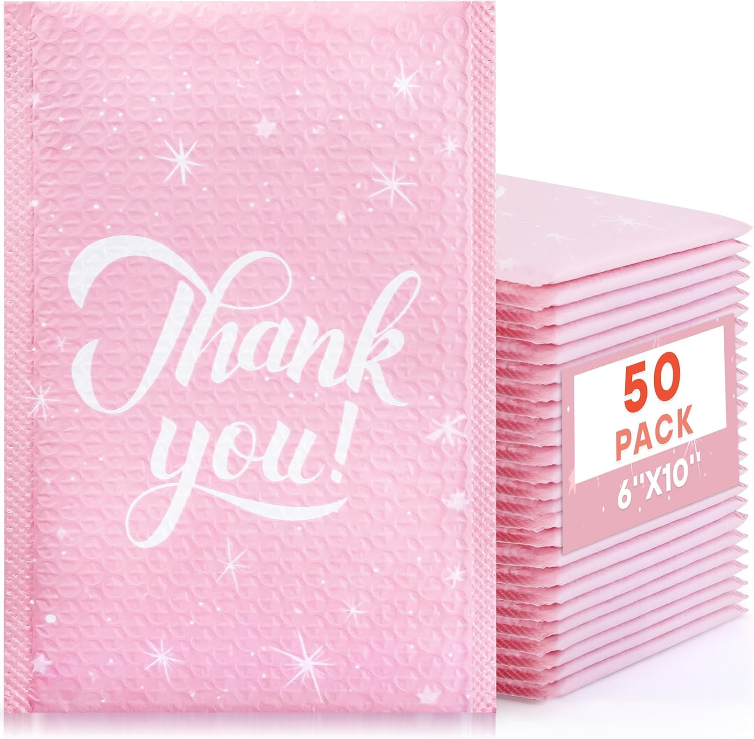 50 Pack Bubble Mailers, 6x10" Thank You Bubble Mailers, Waterproof Self Sealing Padded Envelopes,Cushioning Shipping Envelopes for Packaging, Mailing, Small Business(Pink)