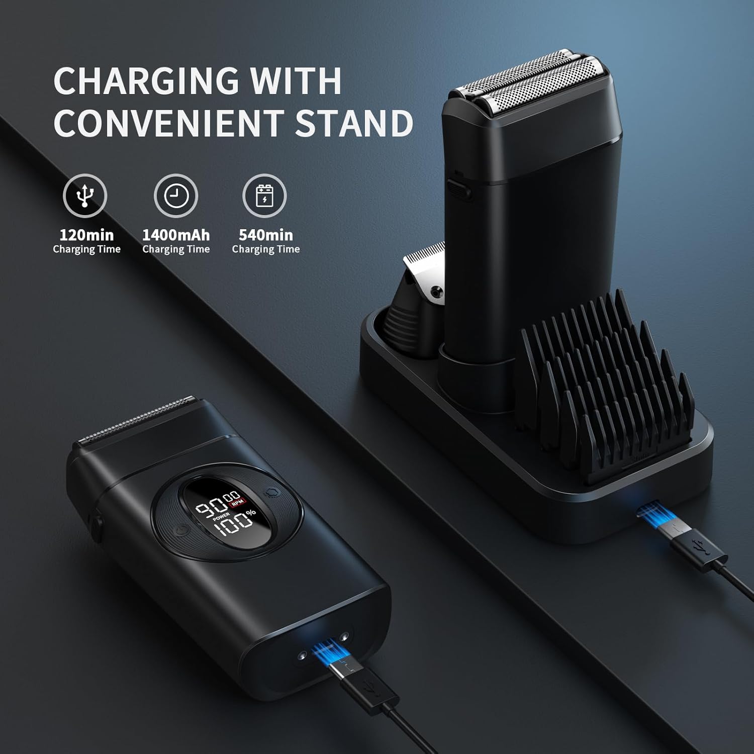 VTT Men’s Foil Shaver & Hair Clipper Kit,IPX7 Waterproof Electric Razor with Interchangeable Titanium Blades for Head and Face,LED Display,USB-C & Wireless Charging Dock,Wet/Dry Grooming Gifts for Men