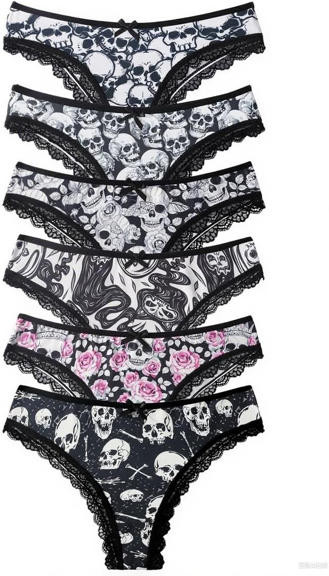 6-Pack Women's Gothic Low - Rise Hipster Panties with Contrast Lace Trim, Skull & Rose Prints for a Sexy Halloween Look - Image 3