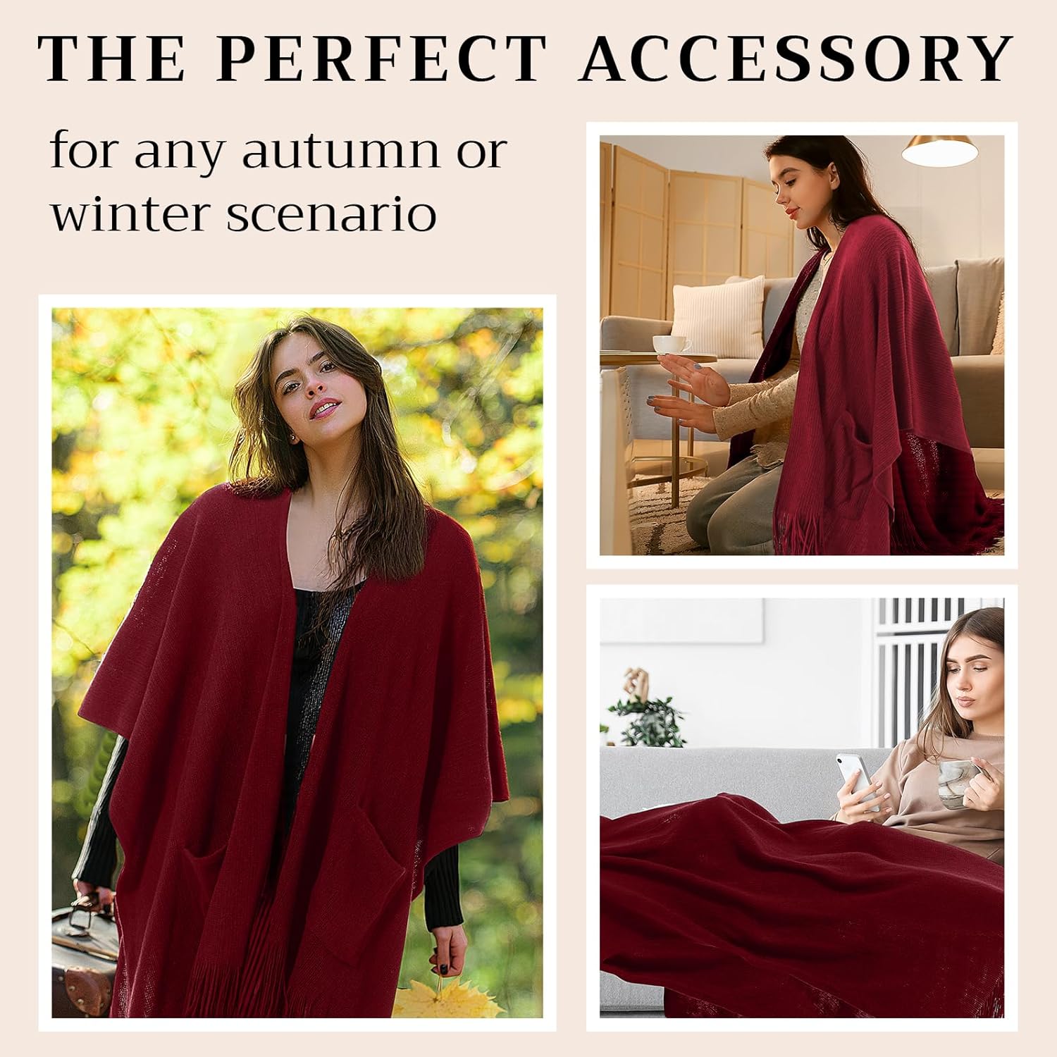 Knitted Poncho for Women, Shawl Wraps with Pockets, Open Front Fringe Winter Shawl with Tassel, Gift for New Year - Image 6