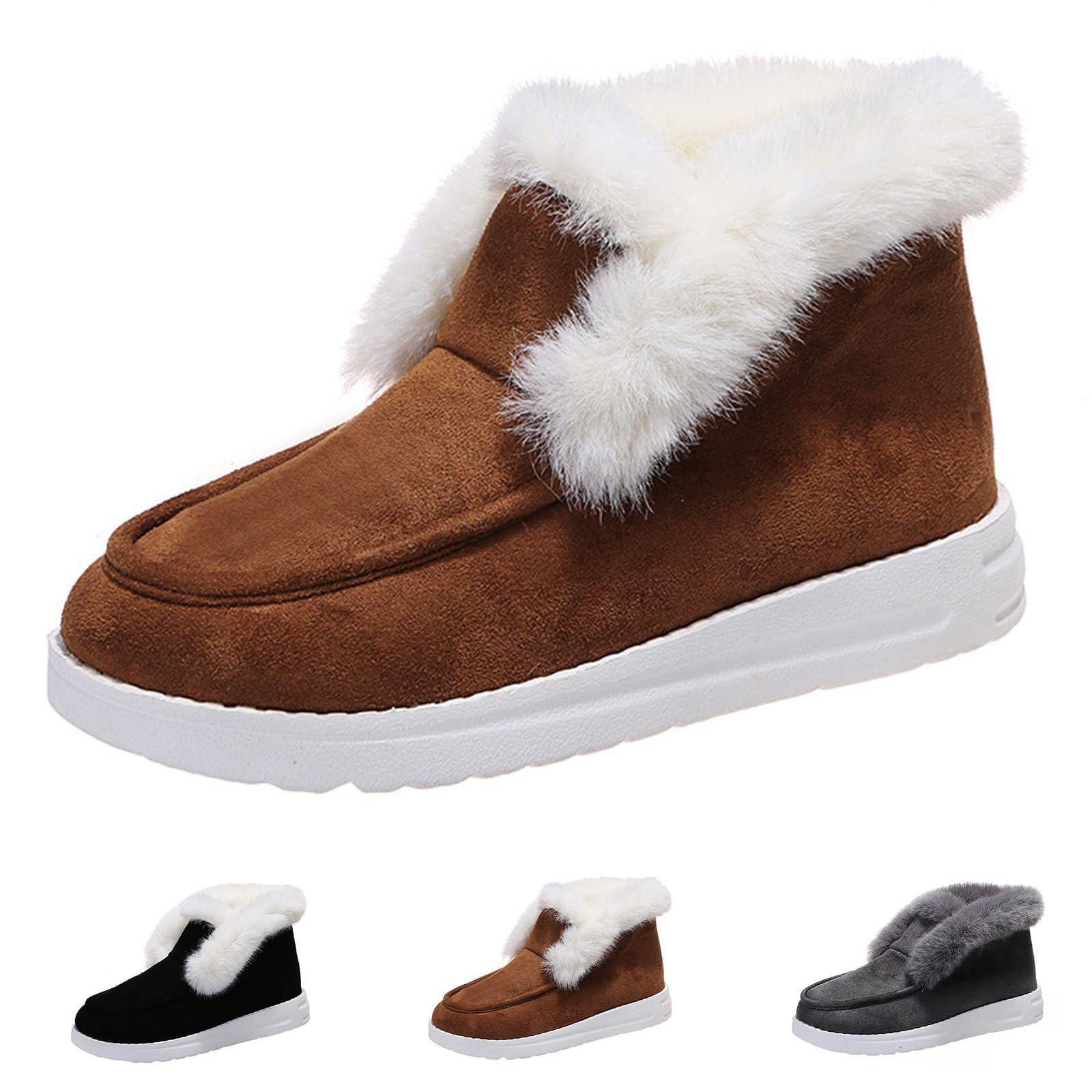 Womens Winter Snow Boots Slip on Ankle Booties Faux Fur Lining Flat Warm Casual Snow Boots Anti-Slip Outdoor