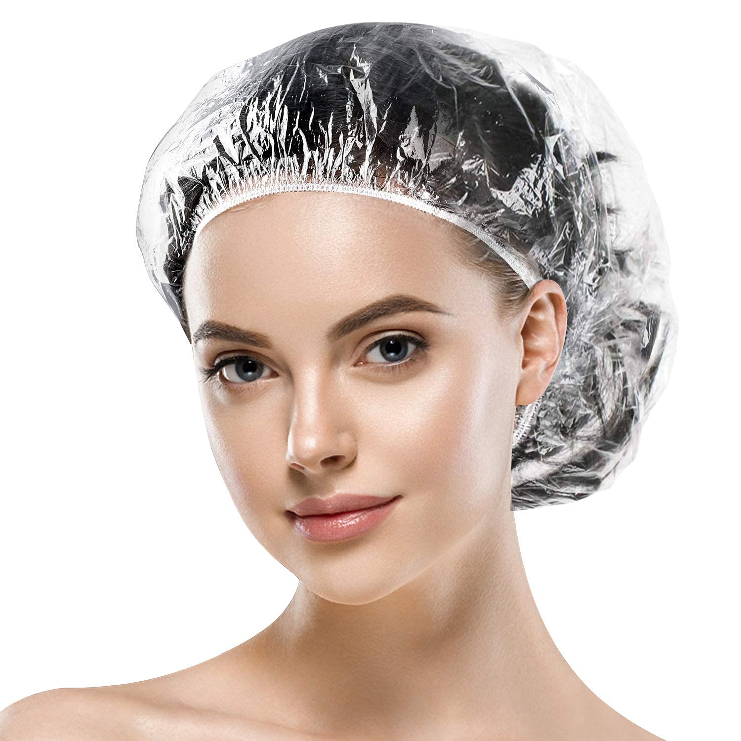 QNEEK 100 PCS Disposable Plastic Shower Caps | Clear Transparent Shower Cap for Women | Shower Cap for Women Long Hair | Shower Accessories for Salon & Travel, Great Use For Home Kitchen, Hotels, Restaurant and Hair Salon ( Comfortable & Versatile )