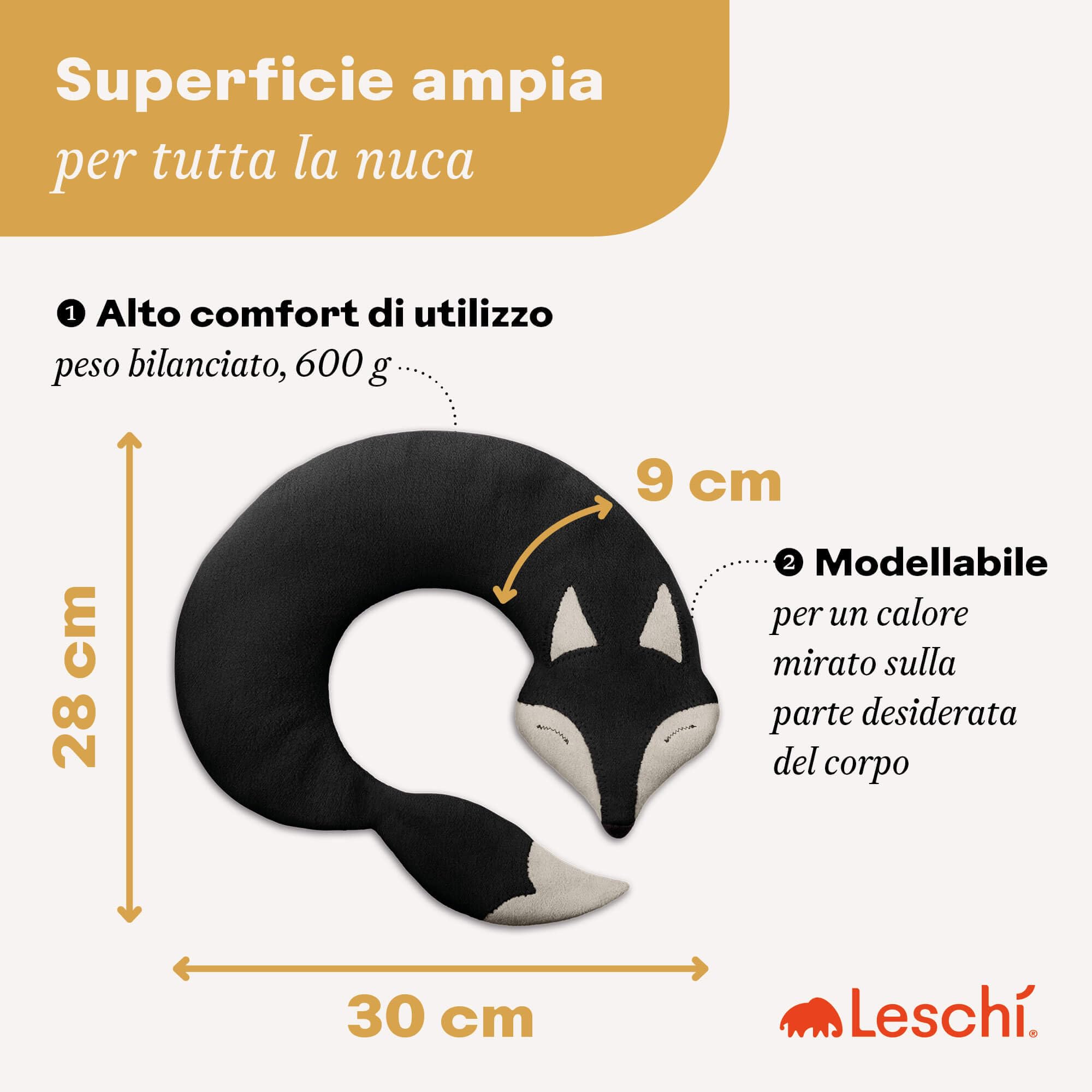 LESCHI Cuscino cervicale termico per microonde - 100% cotone e grano biologico - Cuscino riscaldante ideale per sciogliere tensioni a collo, spalle e schiena - Volpe, nero