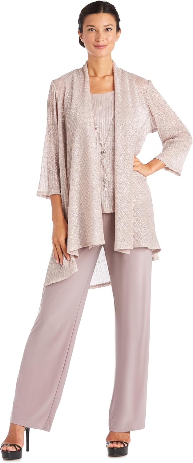 R&M Richards Women's 3-Piece Crinkle Pant Set | Duster Jacket, Straight Pants & Tank Top W/Necklace - Elegant Evening Outfit