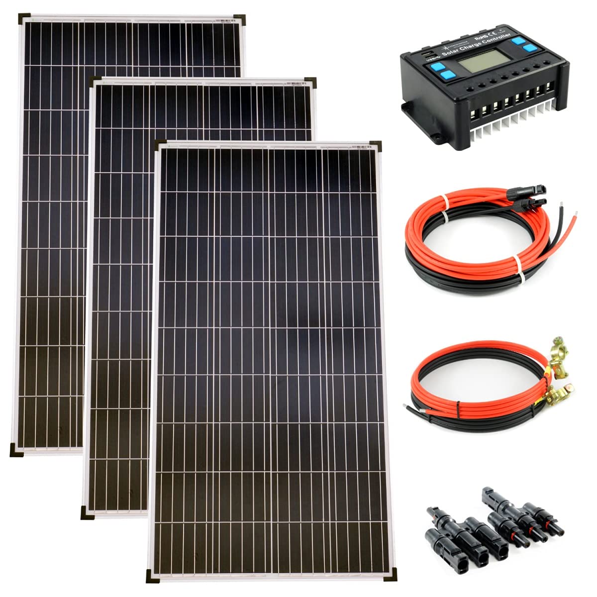 solartronics Komplettset 3x130 Watt Poly Solarmodul 30A Laderegler blau Photovoltaik Solarkabel Solarstecker Inselanlage