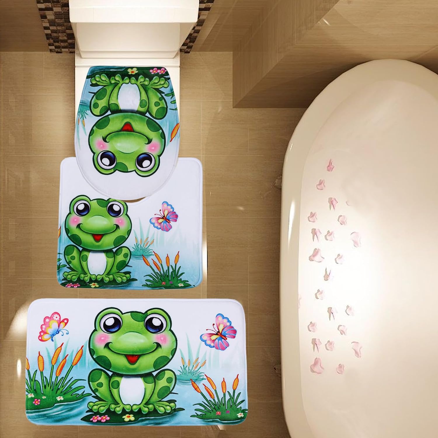 3 Piece Cute Frog Flannel Bathroom Mat Set (Bathroom Mat + Toilet Contour Rug + Toilet Cover)