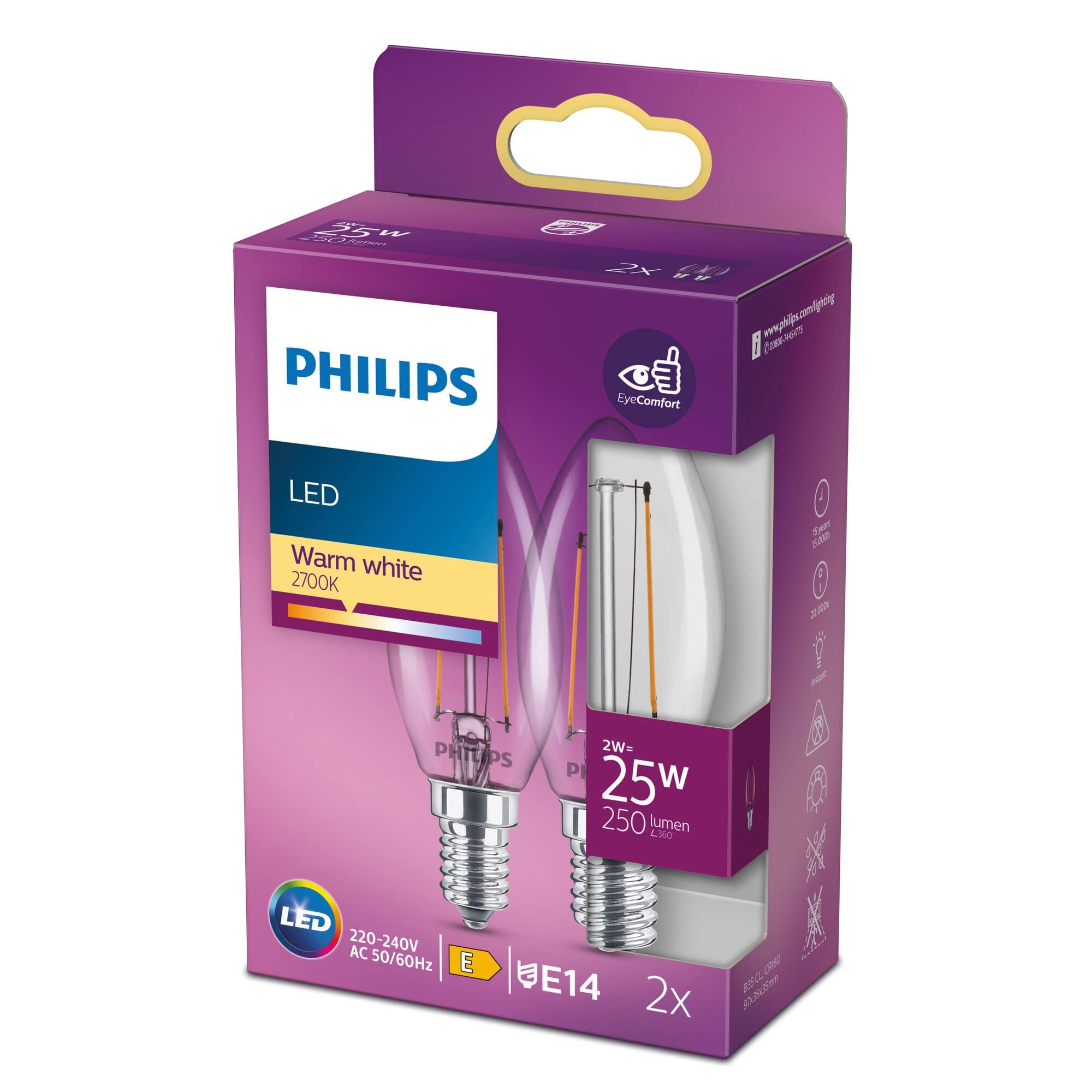 Lampadina Led Philips Candela Vetro Filamento, 2700k,2pz