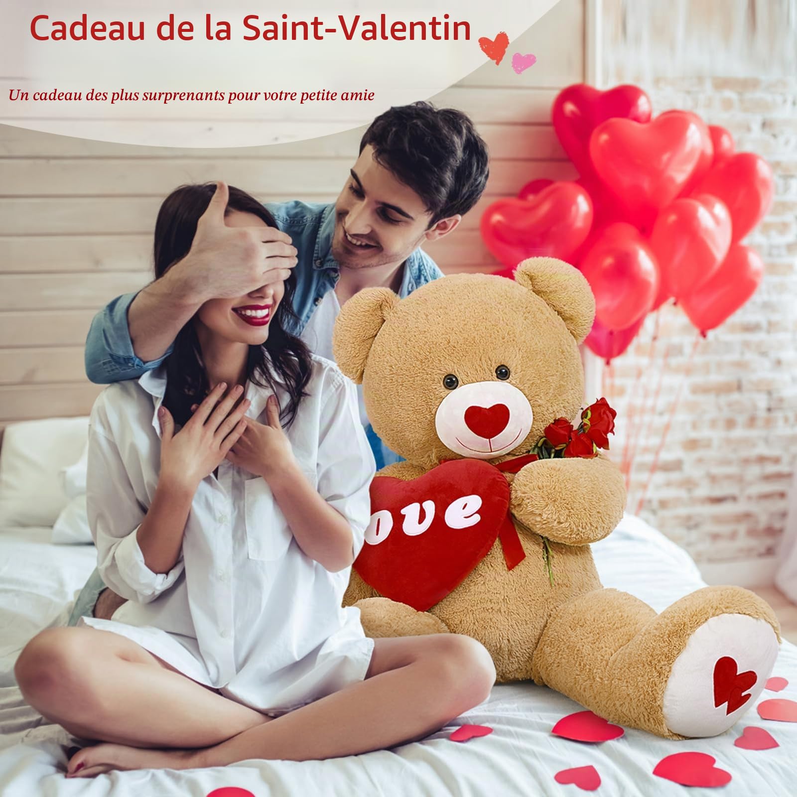 MorisMos 130cm Nounours Géant avec Cœur Rouge, XXL Brun Ours en Peluche Geant, Grosse Douce Teddy Bear Jouet Grand Mignonne Cadeau pour Enfant Petite Amie Anniversaire Noël Deco