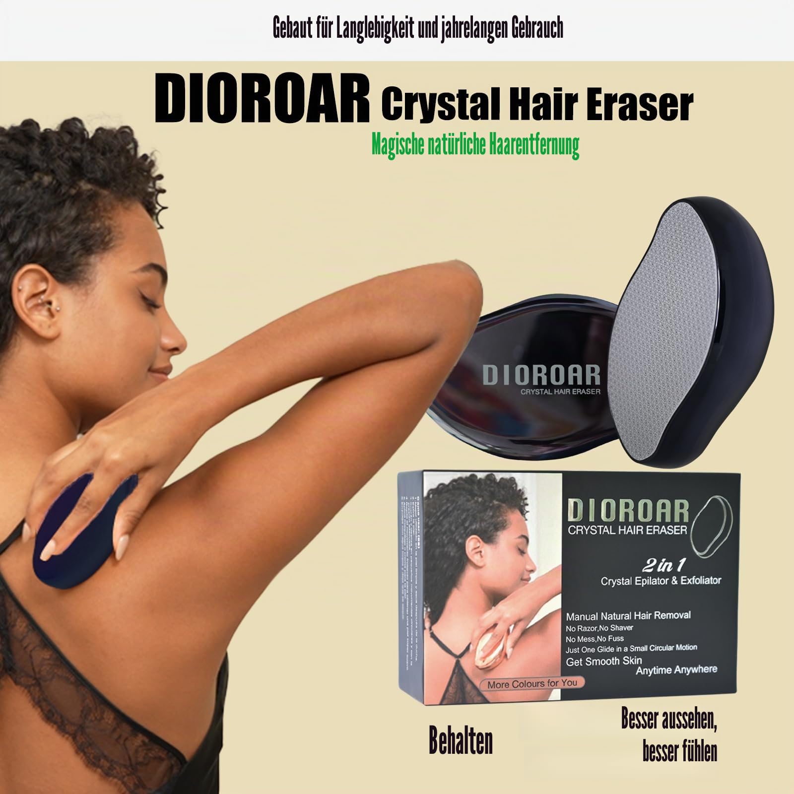 Kristall-Haarradiergummi, Upgrade-Kristall-Haarentferner, physikalisches Nanoglas-Haarentfernungsgerät, schmerzfreier Epilierer und Peeling für schnelle, seidig glatte Haut(Schwarz)