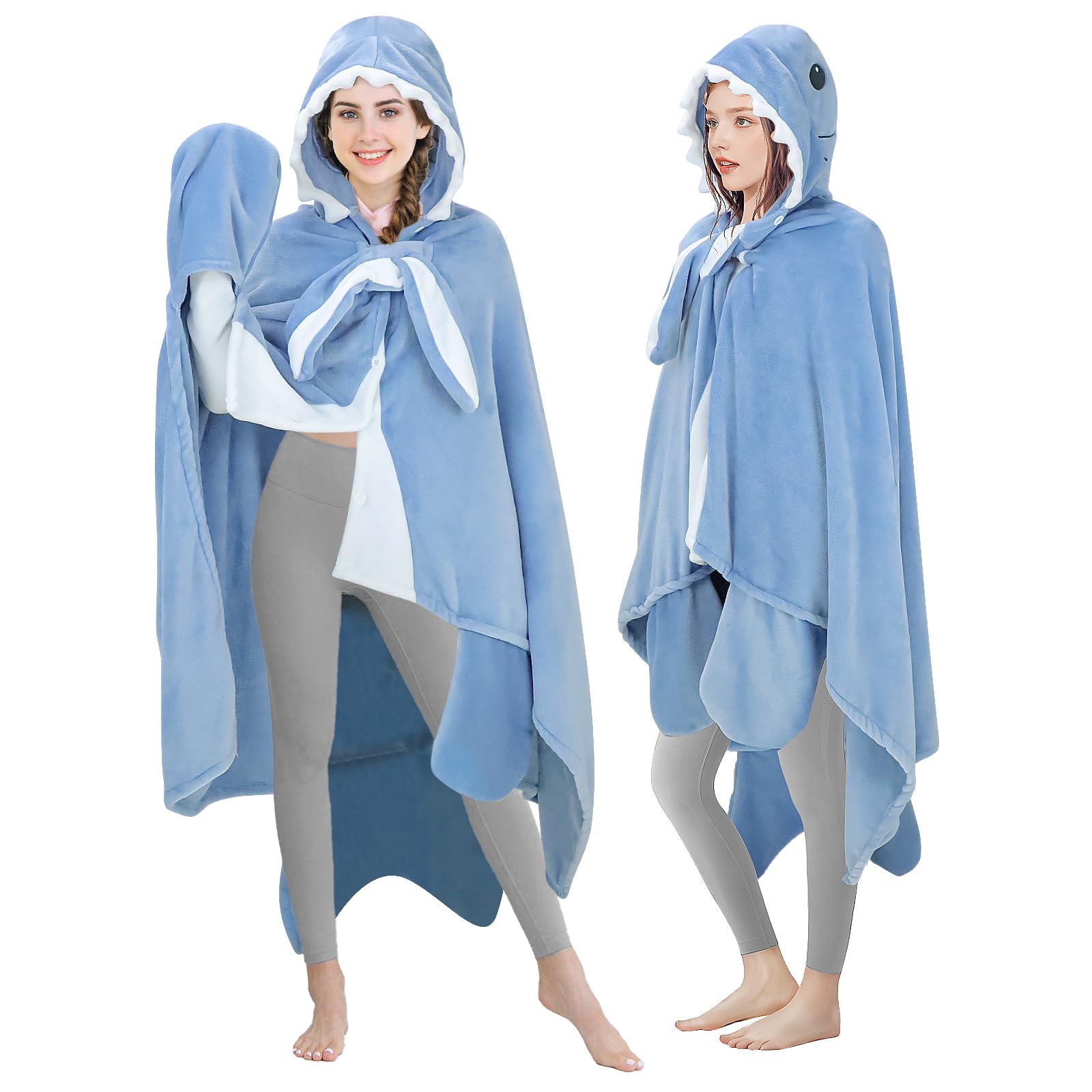 MSISILY Coperta Squalo, Coperta con Maniche e Cappuccio, Coperta Indossabile Donna, Regali di Squalo per Donne, Coperta Divano - Squalo Blu