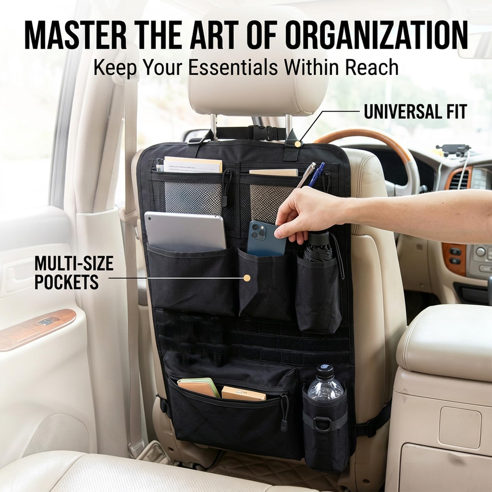 Autositz Organizer 42x62cm, Auto Organizer Rücksitz mit 2 Netztaschen, 3 Taschen, 1 Reißverschlusstasche, 1 Becherhalter Ideal für Camping, Reisen (Schwarz)