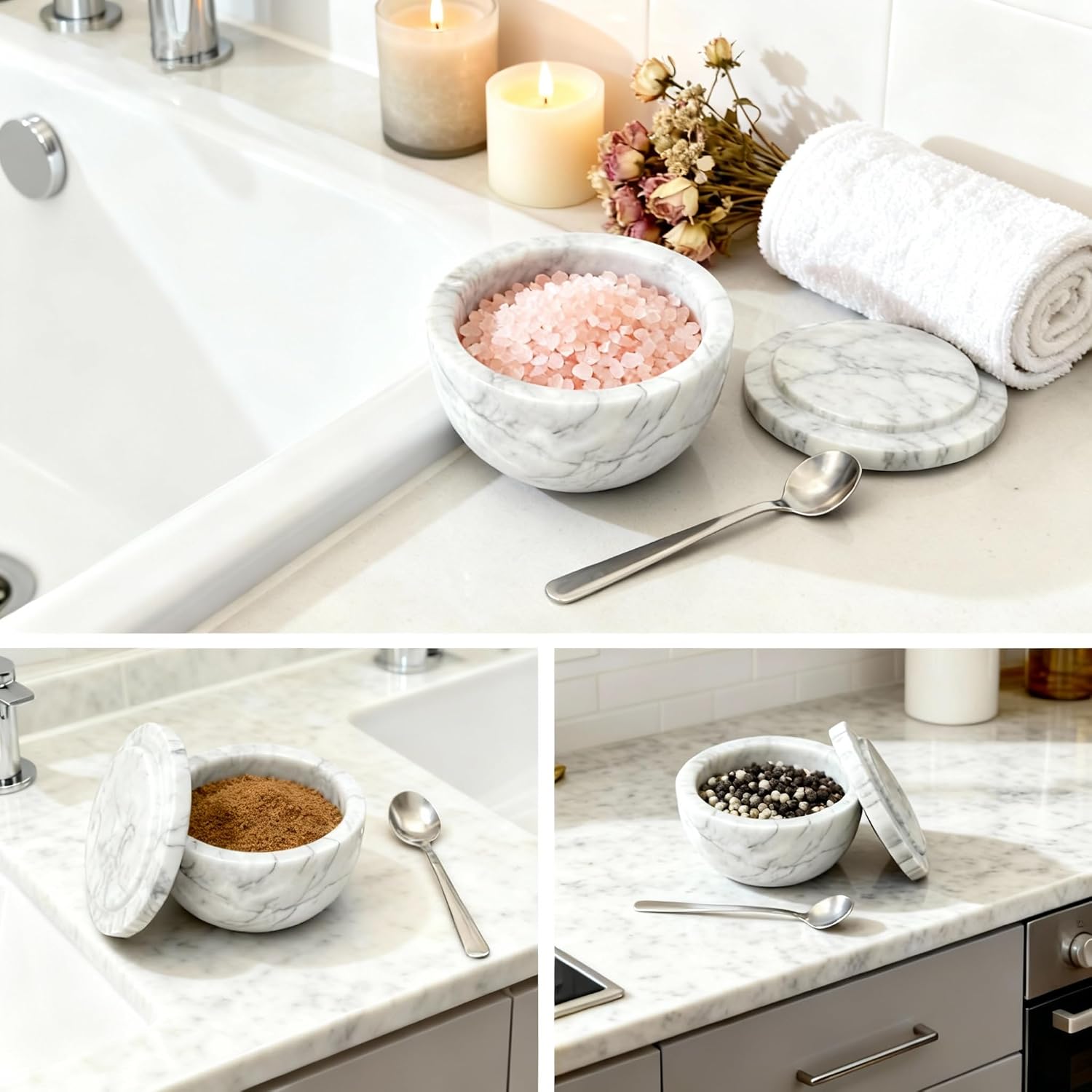 Marble Salt Shaker, Salt Shakers for Kitchen, Salt and Pepper Shaker（Lid And Spoon）, Sugar Bowl, Suitable for Salt and Pepper, Coffee Beans and kitchen counter decor,Cloudy White（NS048）