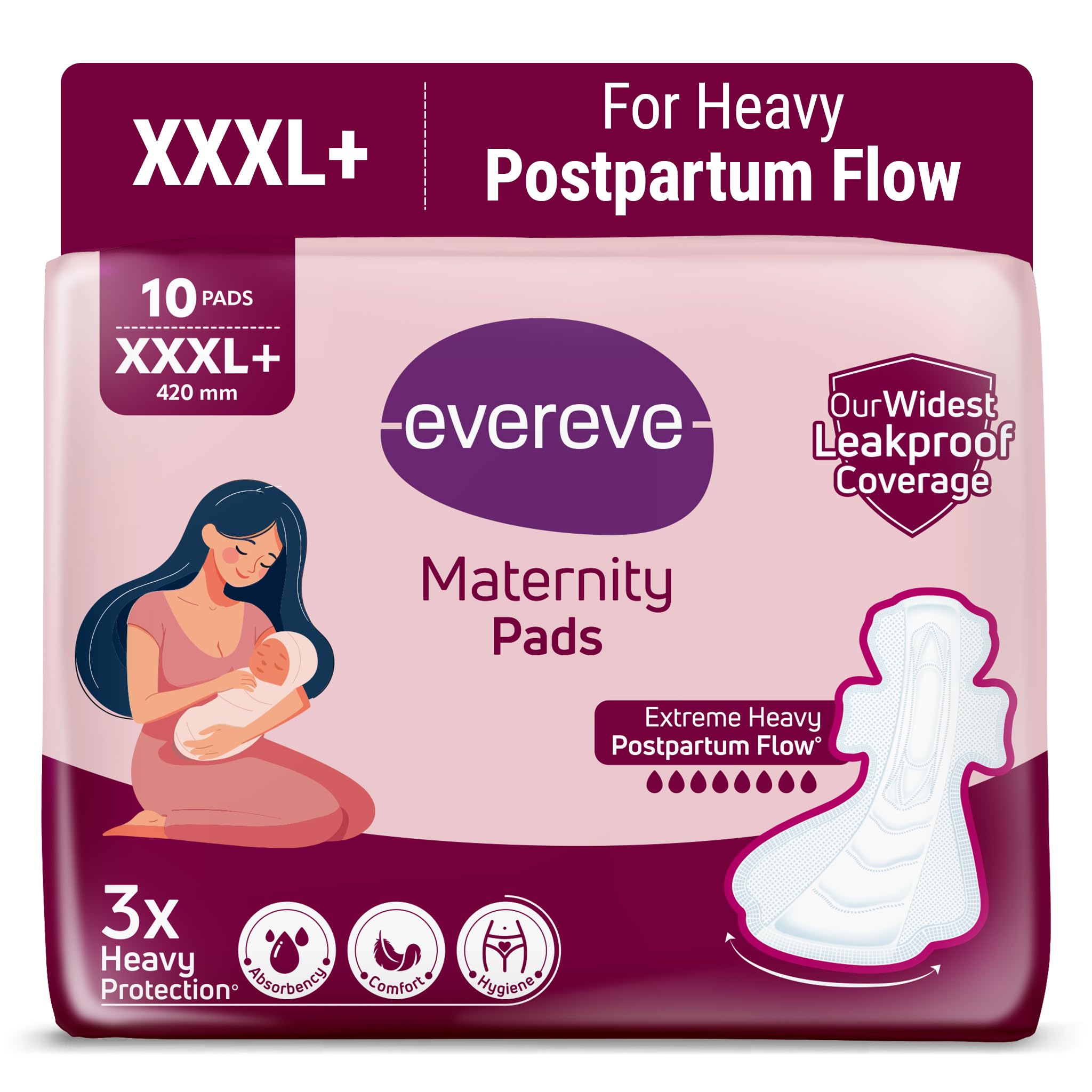 Evereve Maternity Pads XXXL+ 420mm, Widest Leakproof Coverage, 3X Absorbency, Comfort & Hygiene, Soft & Irritation-Free, Postpartum Pads for After Birth Recovery, Extreme Flow Protection, Pack of 10