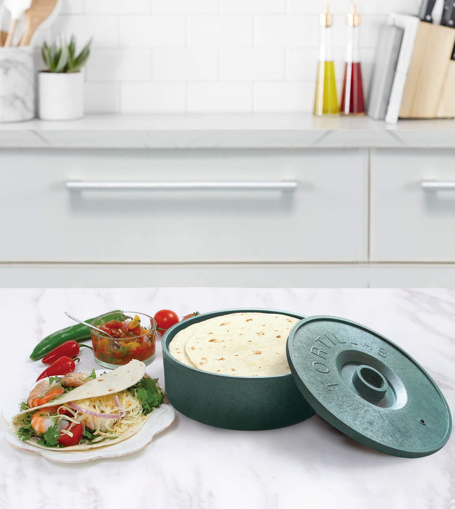 Bene Casa Grüner Tortilla-Wärmer mit 12 Tortilla-Kapazität, sicher, BPA-frei, Tortilla-Wärmer | mikrowellengeeigneter Tortilla-Halter | Aufbewahrungsbehälter – Fladenbrot, mexikanische Taco-Tortillas
