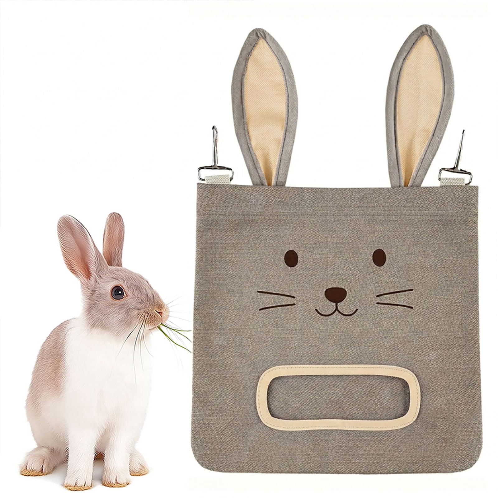 Rabbit Hay Feeder Bag - Hanging Rabbit Hay Feeder for Rabbits, Guinea Pigs and Chinchillas, Moss and Alfalfa Hay(Gray)